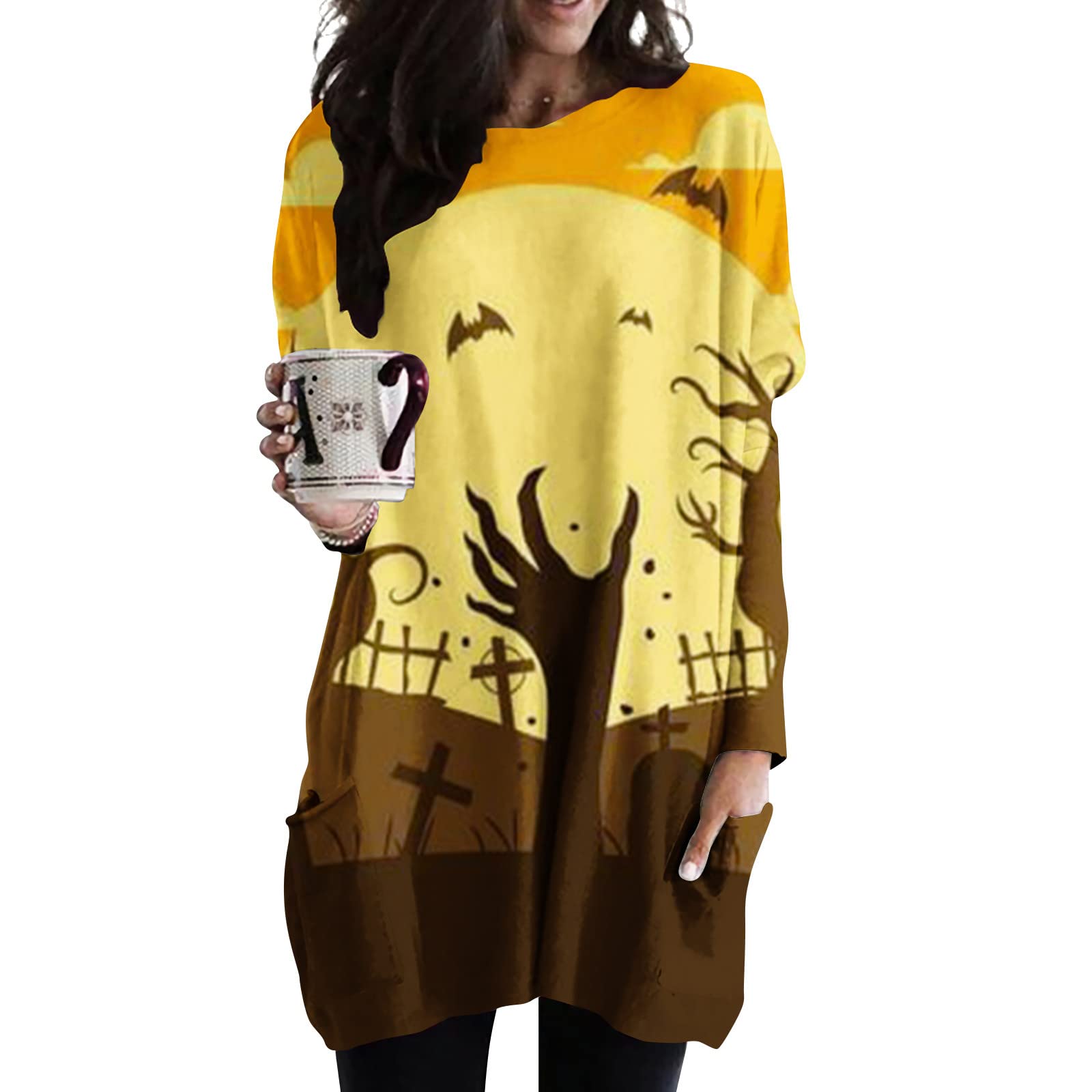 OSFVNOXV Women's Halloween Tunic Dress with Long Sleeves & Pockets - Trendy Fall Casual Mini Dress with Crewneck & Loose Fit - Perfect for Halloween Parties, Autumn Outings, and Daily Wear