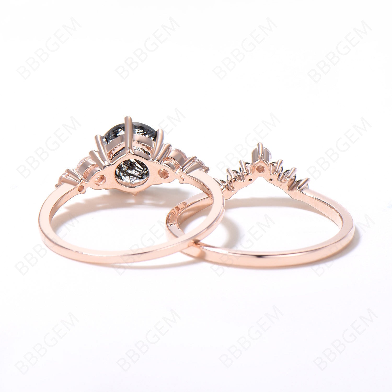 Vintage 5-Stone Round Cut Natural Black Rutilated Quartz & Moissanite Engagement Ring Set in 14k Rose Gold with Black Diamonds – Perfect for Bridal, Wedding, and Anniversary Gifts