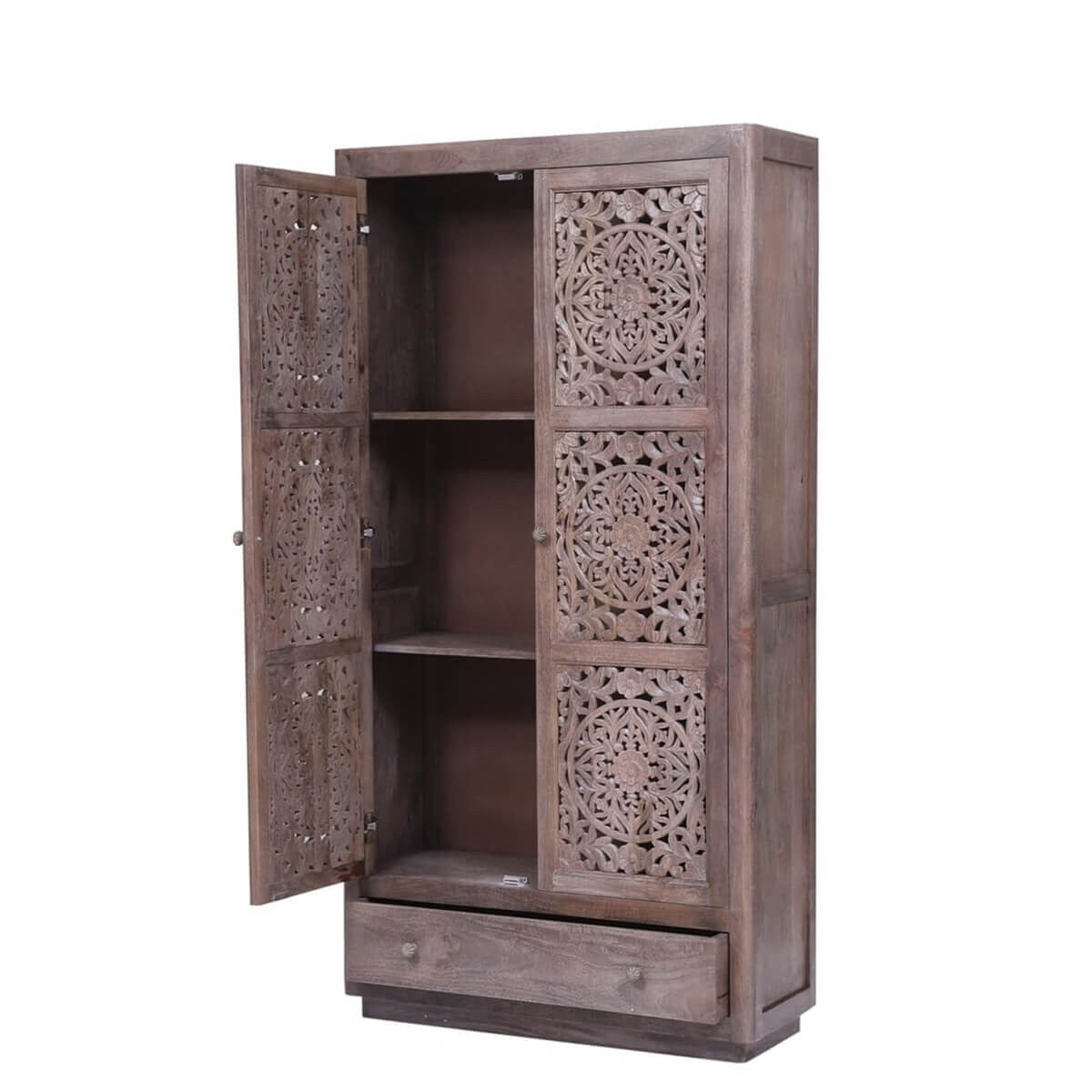 Hand Carved Reclaimed Wood Cabinet with Shelves and Drawers - Rustic Indian Furniture for Living Room, Bedroom & Kitchen Storage