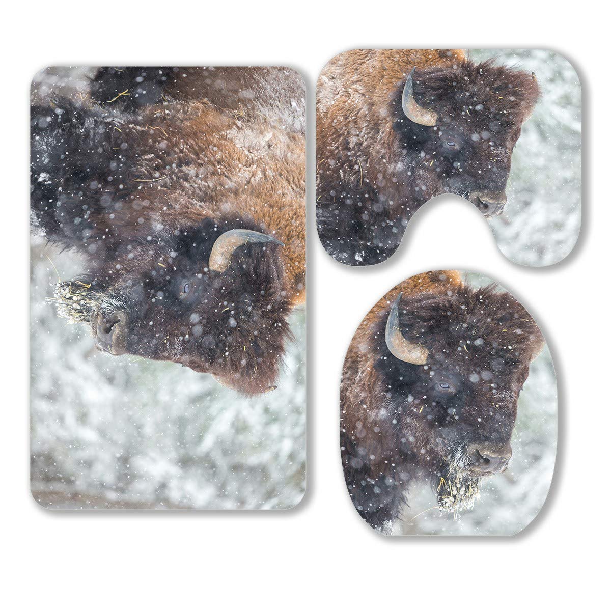 American Bison Buffalo Snow Storm 3-Piece Bathroom Rug Set - Non-Slip Bath Mat, Contour Mat & Toilet Lid Cover - Cozy Winter Theme for Bathroom Decor (60