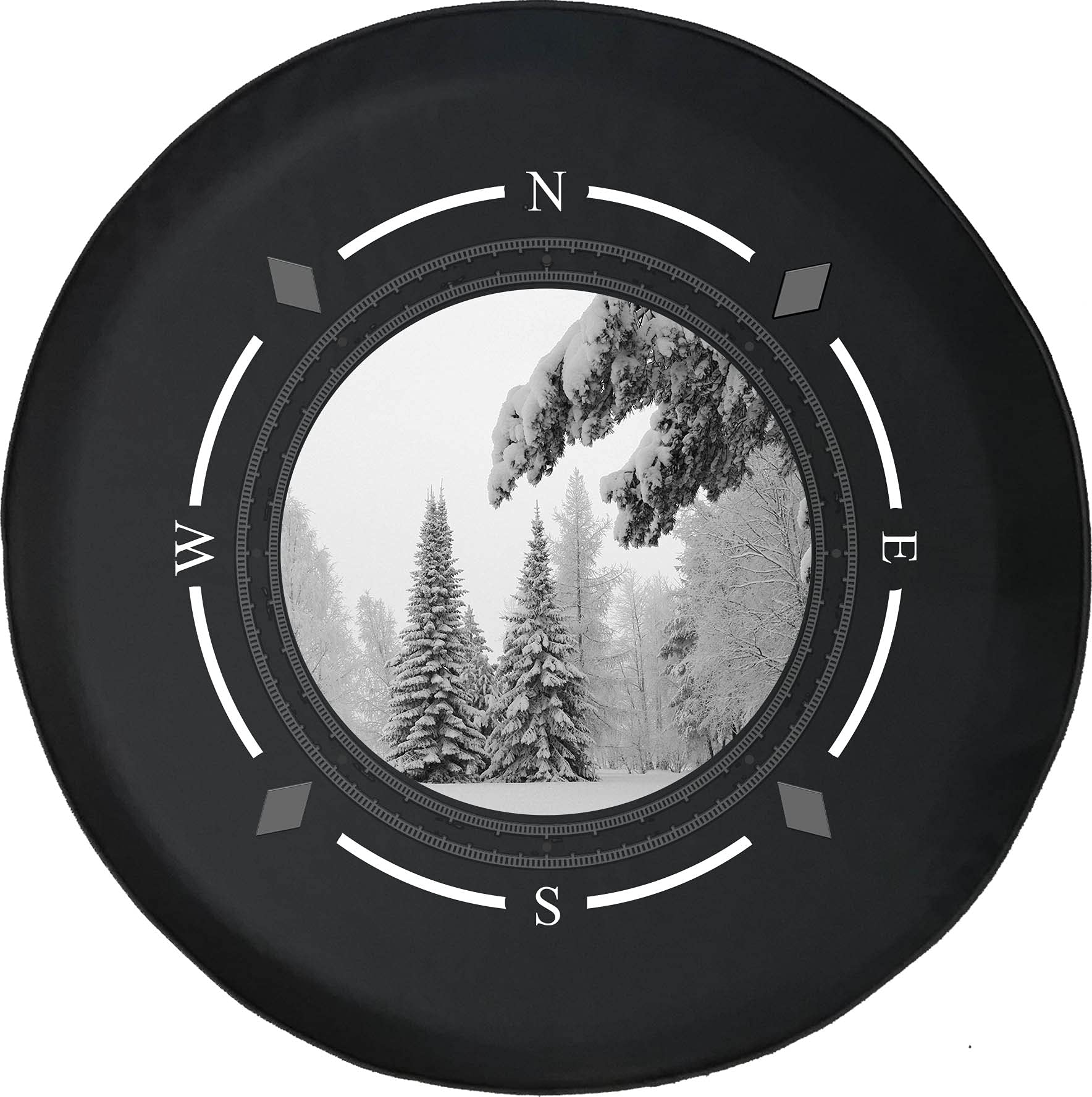 American Unlimited Spare Tire Cover with Compass Design - Winter Wonderland Snow Covered Pines Pattern - Universal Fit for SUV, Trailer, RV & Most Vehicles - Durable Wheel Protection for Outdoor Adventures & Road Trips