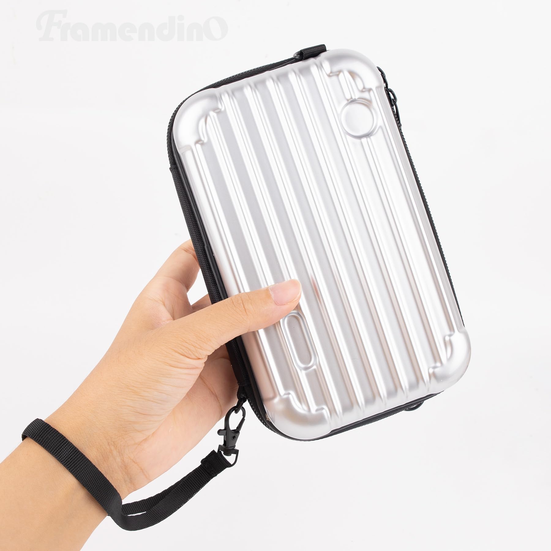 Silver Hard Shell Cosmetic Case for Women - Travel Toiletry Bag with Detachable Shoulder Strap & Crossbody Grip Rope - Compact Makeup Organizer for Airplane, Gym & Weekend Getaways