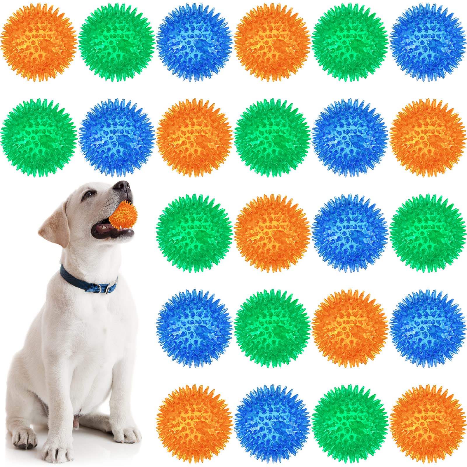 24 Pack Squeaky Dog Toys - 2.56 Inch Spiky Chew Balls for Small & Medium Dogs - TPR Puppy Fetch Toys for Aggressive Chewers - Clean Teeth & Training - Blue, Green & Orange - Perfect for Indoor Play, Outdoor Fetch & Dental Health