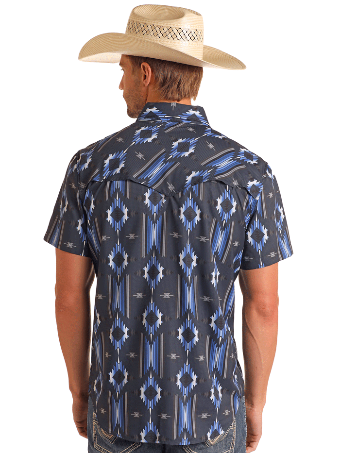 Rock & Roll Denim BMN3S05949 Men's Western Short Sleeve Aztec Print Shirt - Navy Blue Casual Button Up for Music Festivals & Summer Outfits