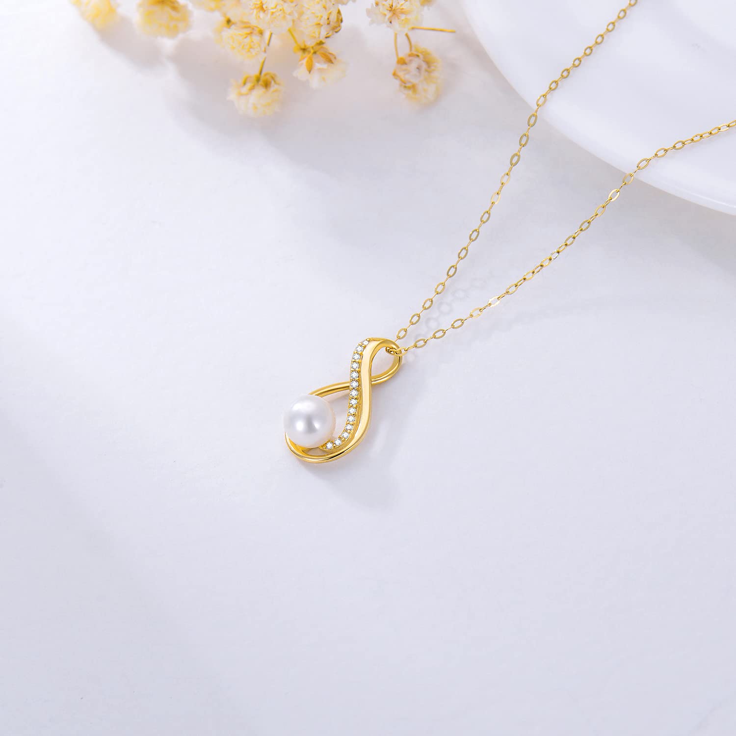 14K Yellow Gold Pearl Necklace for Women - Genuine Gold Pearl Pendant Jewelry - Perfect Gift for Mother's Day, Birthday, Anniversary - Elegant Necklace for Mom, Wife, Grandma (16