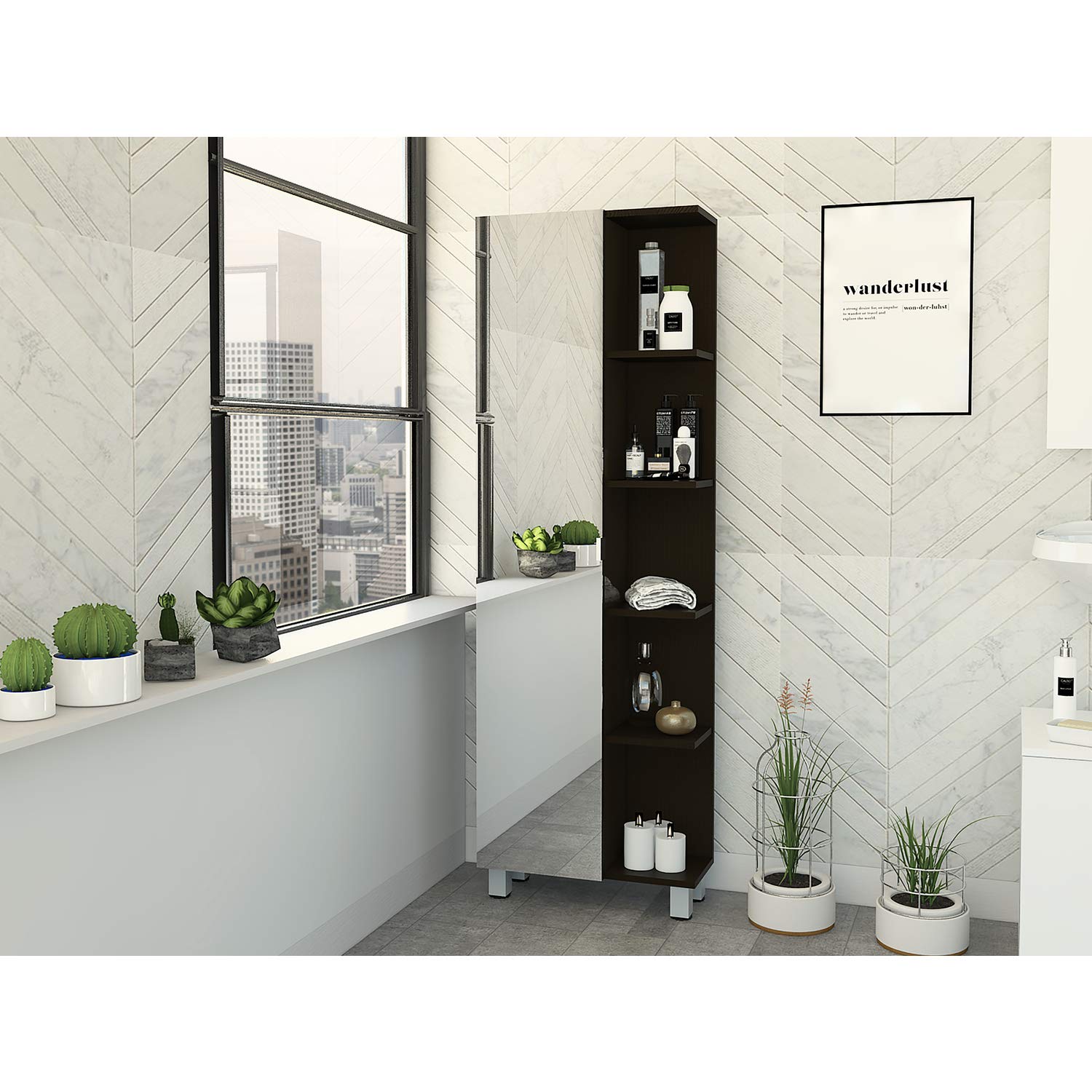Tuhome Urano 62 Inch Black Linen Cabinet with Open Storage & Mirror - Modern Entryway Storage Solution for Hallway, Bedroom or Living Room Organization