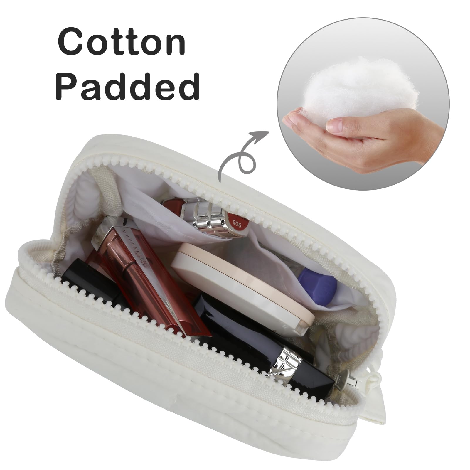 Cute Mini Makeup Bag for Women - Travel Cosmetic Organizer | White Quilted Toiletry Pouch for Daily Use & Trips