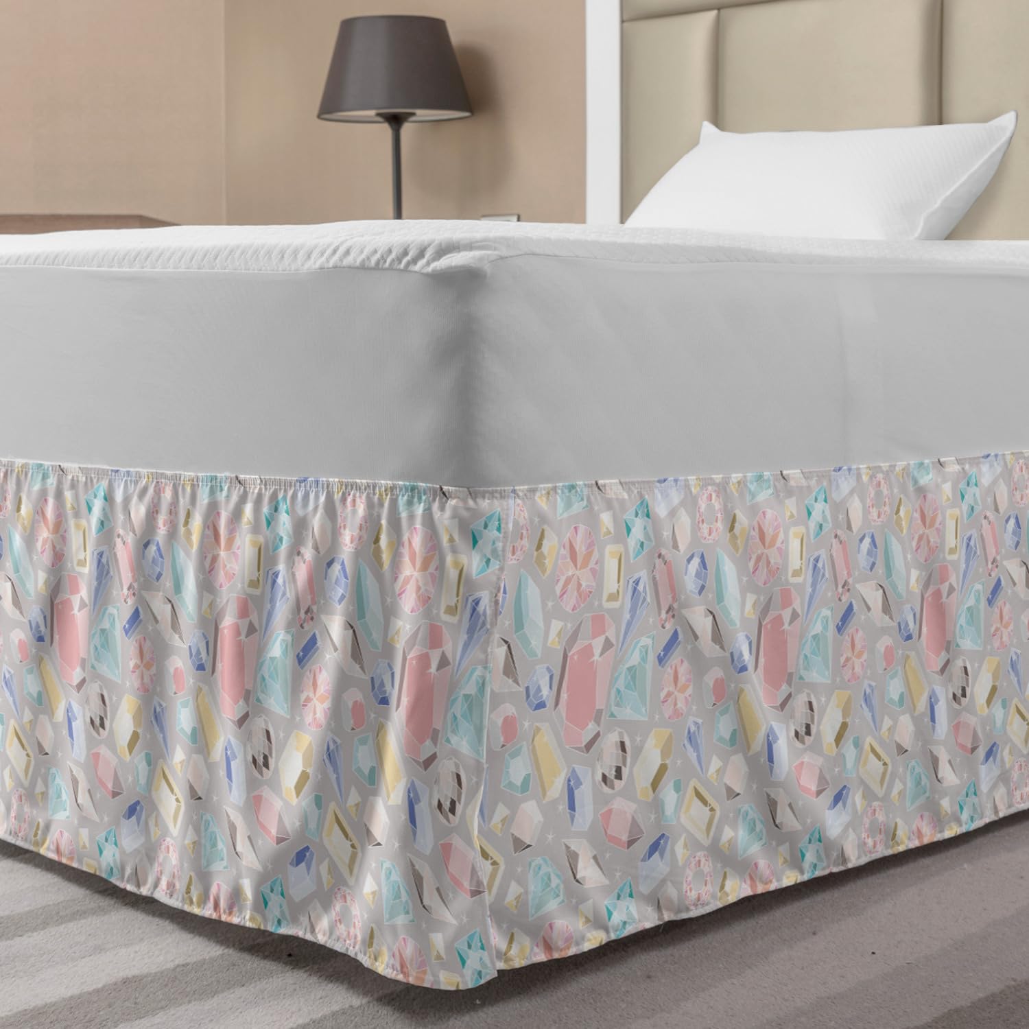 Ambesonne Diamond Pattern Bed Skirt - Pastel Square & Oval Feminine Design with Star Backdrop, Elastic Wrap Around Gathered Bedroom Decor for Twin/Twin XL - Perfect for Girls' Rooms, Guest Bedrooms & Dorm Decor