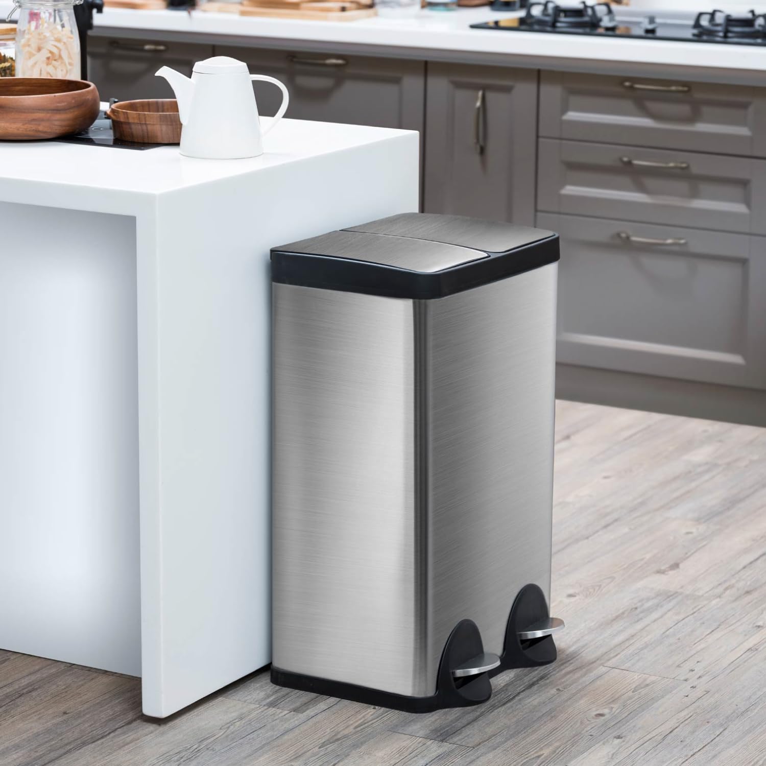 15.8 Gallon Stainless Steel Kitchen Trash Can with Dual Removable Liners - Perfect for Recycling & Waste Separation | Ideal for Modern Kitchens, Offices & Eco-Friendly Homes