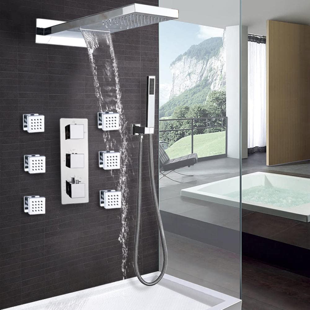 Thermostatic Chrome Rain Shower Faucet Set - Wall Mounted Waterfall Showerhead & Bathtub Mixer Tap for Modern Bathroom (Perfect for Spa-Like Showers & Relaxing Baths)