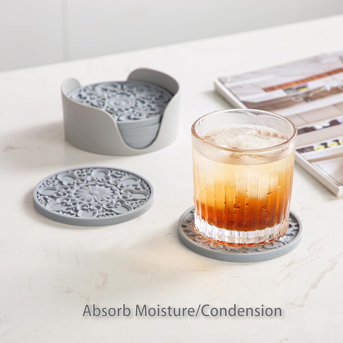 Premium Silicone Drink Coasters Set of 6 with Holder - Non-Slip Cup Mats for Hot & Cold Beverages - Table Protector for Home, Office & Bar Decor (Merlot Red, 3 Elegant Patterns) - Perfect for Coffee Tables, Dining Tables & Countertop Protection