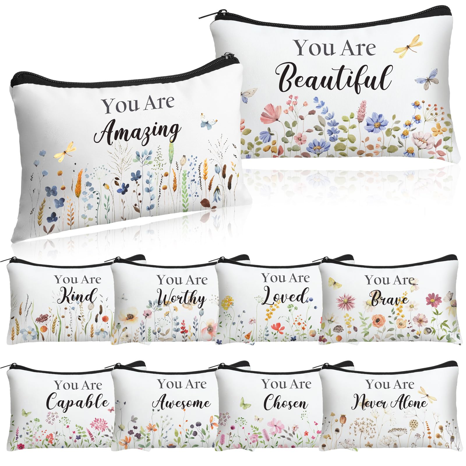 10 Pack Christian Cosmetic Bags for Women - Inspirational Bible Verse Canvas Makeup Pouches (Wildflower Beige) | Perfect for International Women's Day, Mother's Day Gifts & Employee Appreciation | Travel Organizer, Church Essentials, Daily Beauty Storage