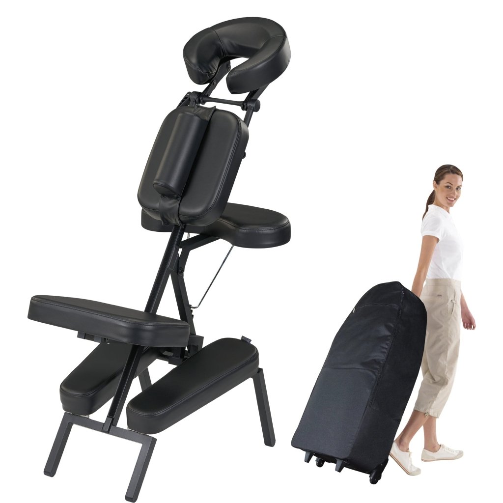 Apollo Extra Large Portable Massage Chair - Lightweight Aluminum Foldable Tattoo Chair with Large Cushions & Wheels - Black - Perfect for Home, Salon, Spa & Tattoo Parlor Use