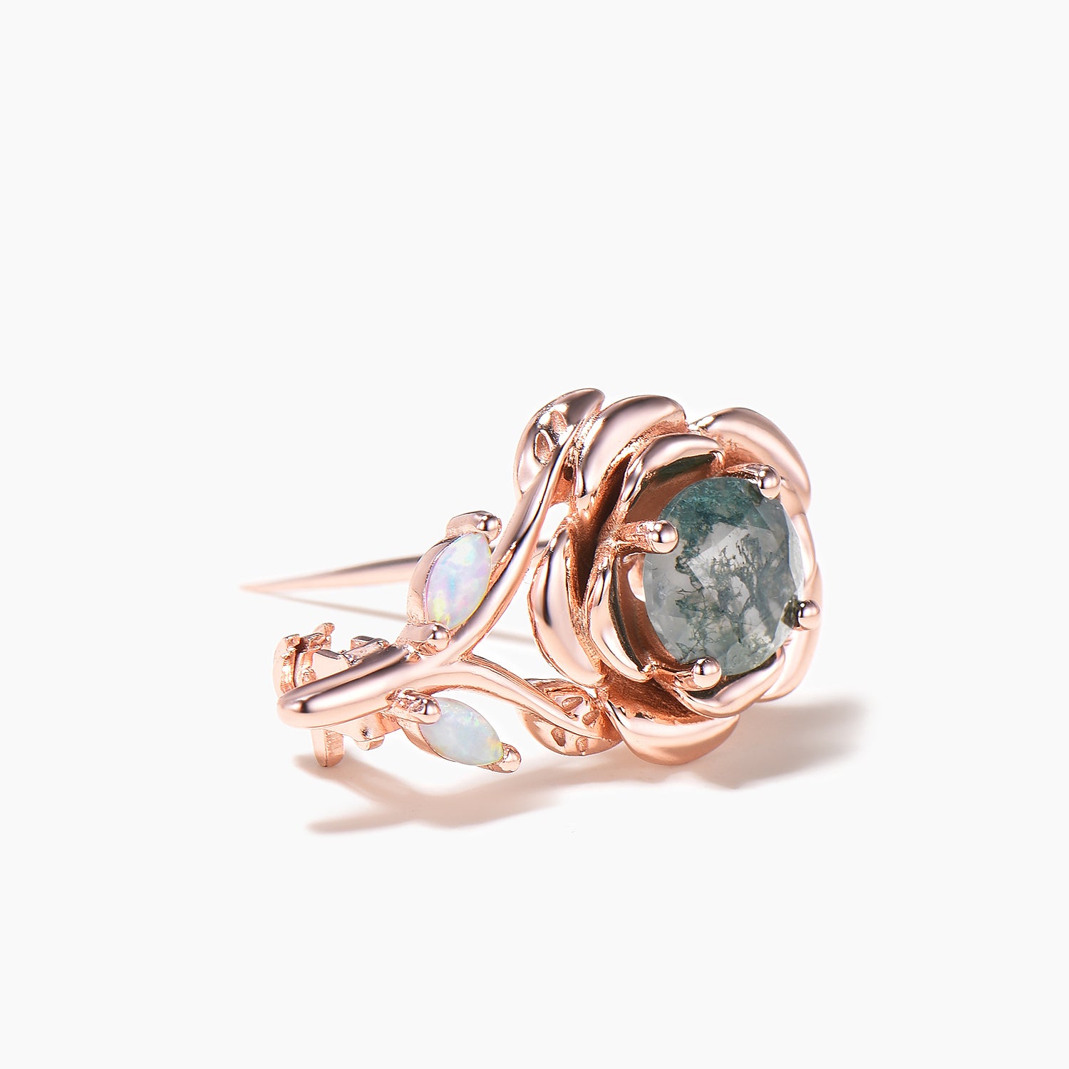 Round Cut Moss Agate Rose Gold Marquise Opal Flower Nature Inspired Brooch Pin - Elegant Vintage Jewelry for Women, Perfect for Weddings, Parties & Special Occasions