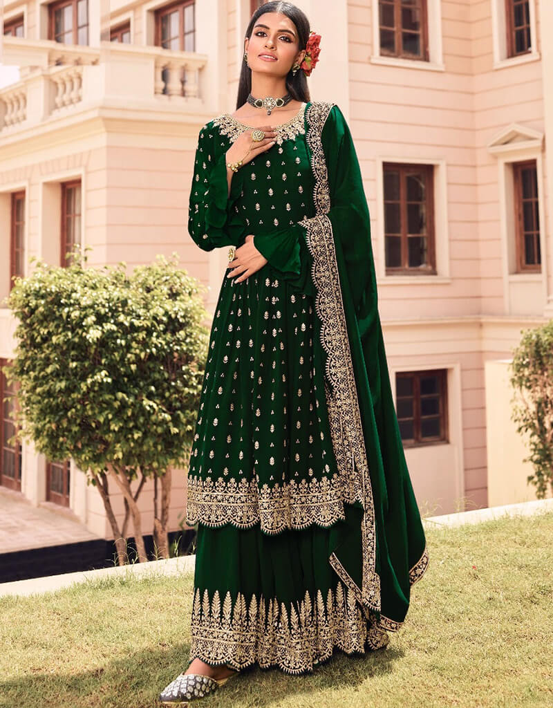 Elegant Bottle Green Georgette Sharara Suit for Women - Perfect for Weddings, Parties & Festive Occasions