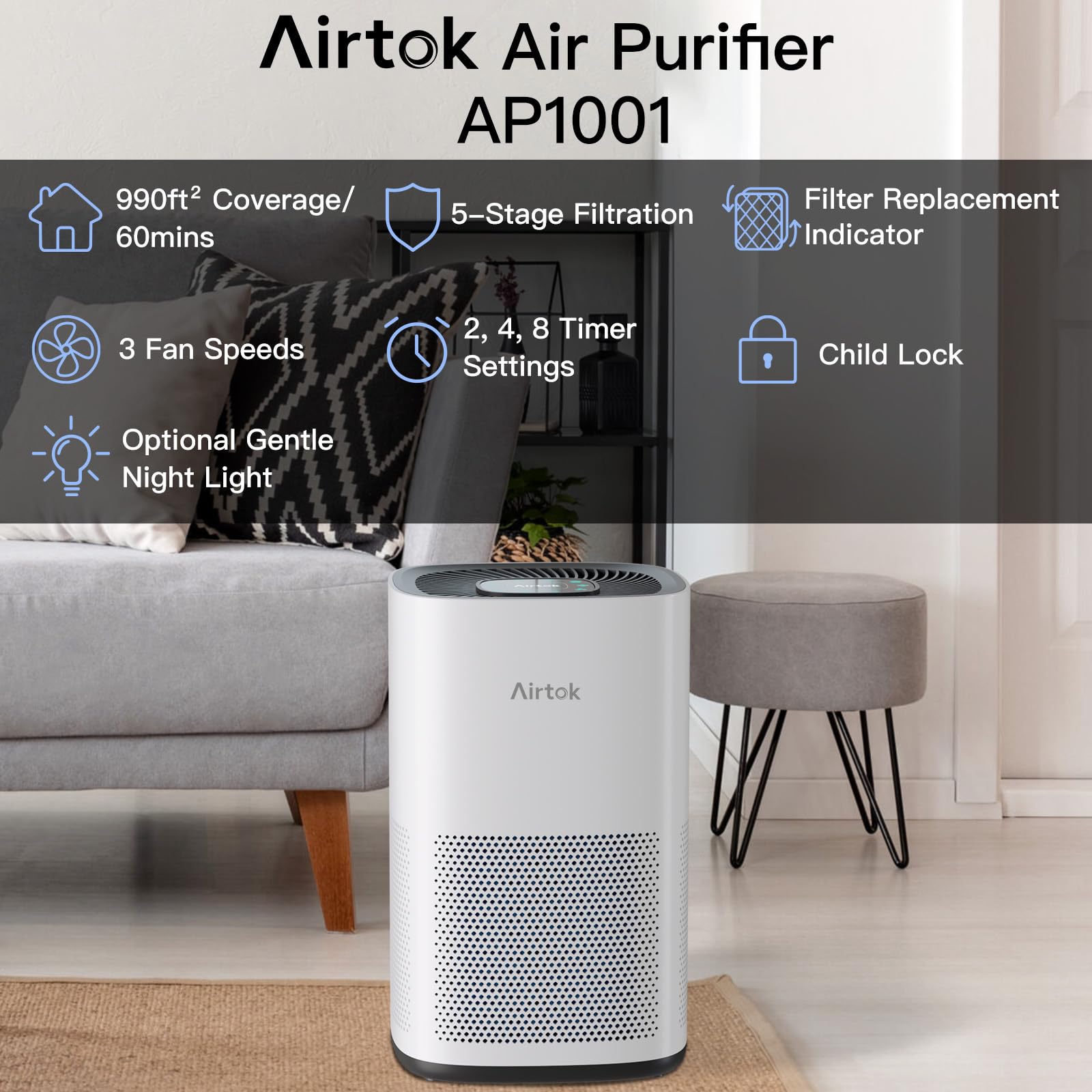 AIRTOK True HEPA Air Purifier for Large Rooms up to 990 Sq Ft - Removes 99.9% of Allergens, Pet Dander, Smoke, Dust, Mold & Odors | Ozone-Free | Ideal for Bedroom, Living Room, Office & Nursery