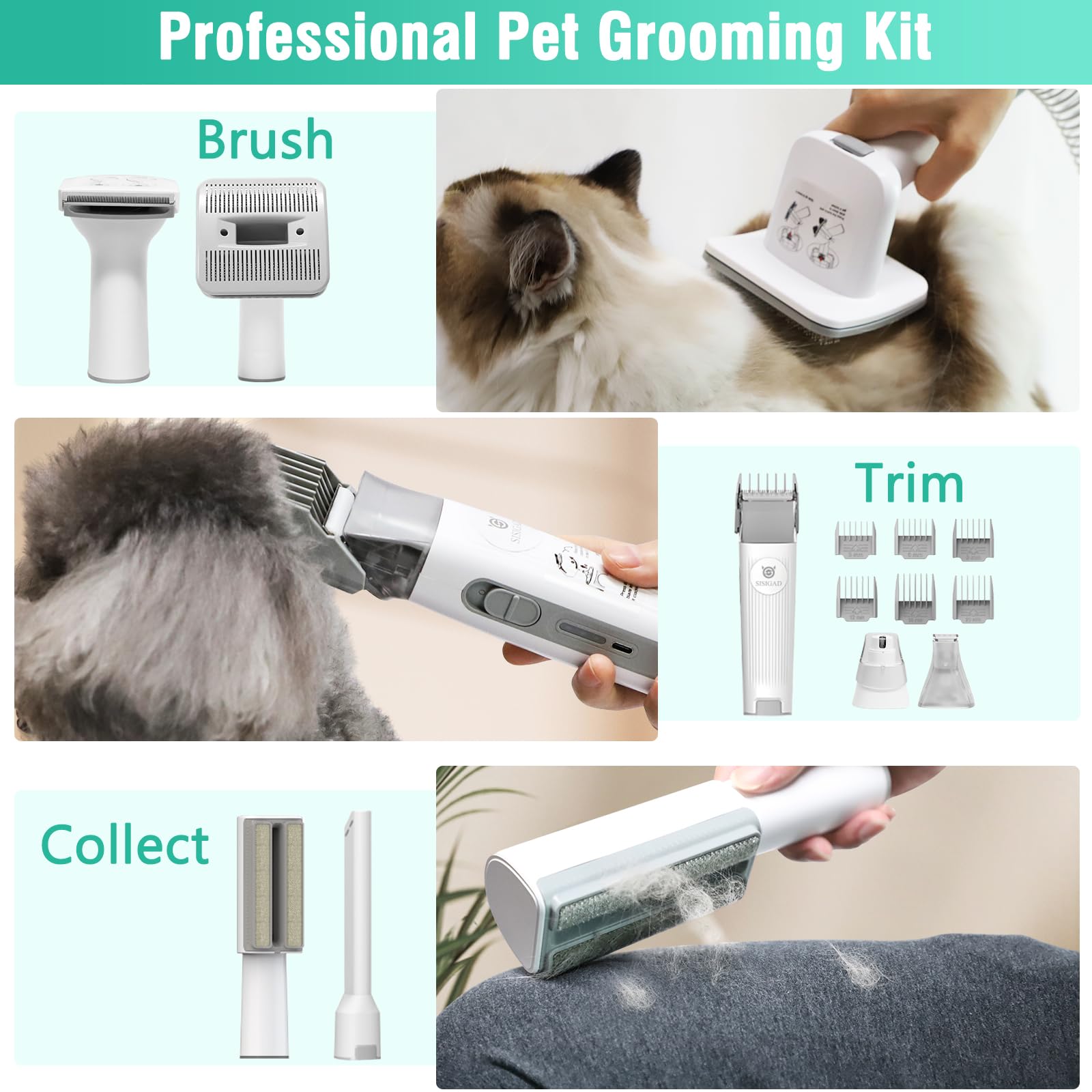 **SISIGAD Professional Dog Grooming Kit - 7-in-1 Pet Hair Vacuum with Low Noise, Clippers & Nail Grinder for Dogs, Cats & Small Animals - Perfect for Home Grooming & Shedding Control**