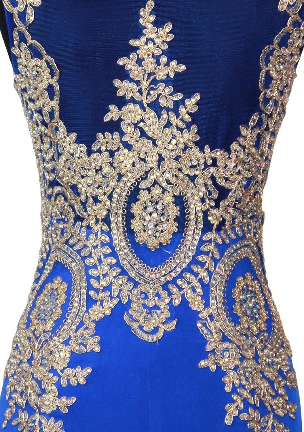 Lemai Sheer Scoop Neckline Crystal Embellished Gold Lace Formal Evening Gown - Elegant Prom Dress with Spandex for Women | Perfect for Homecoming, Cocktail Parties & Special Occasions
