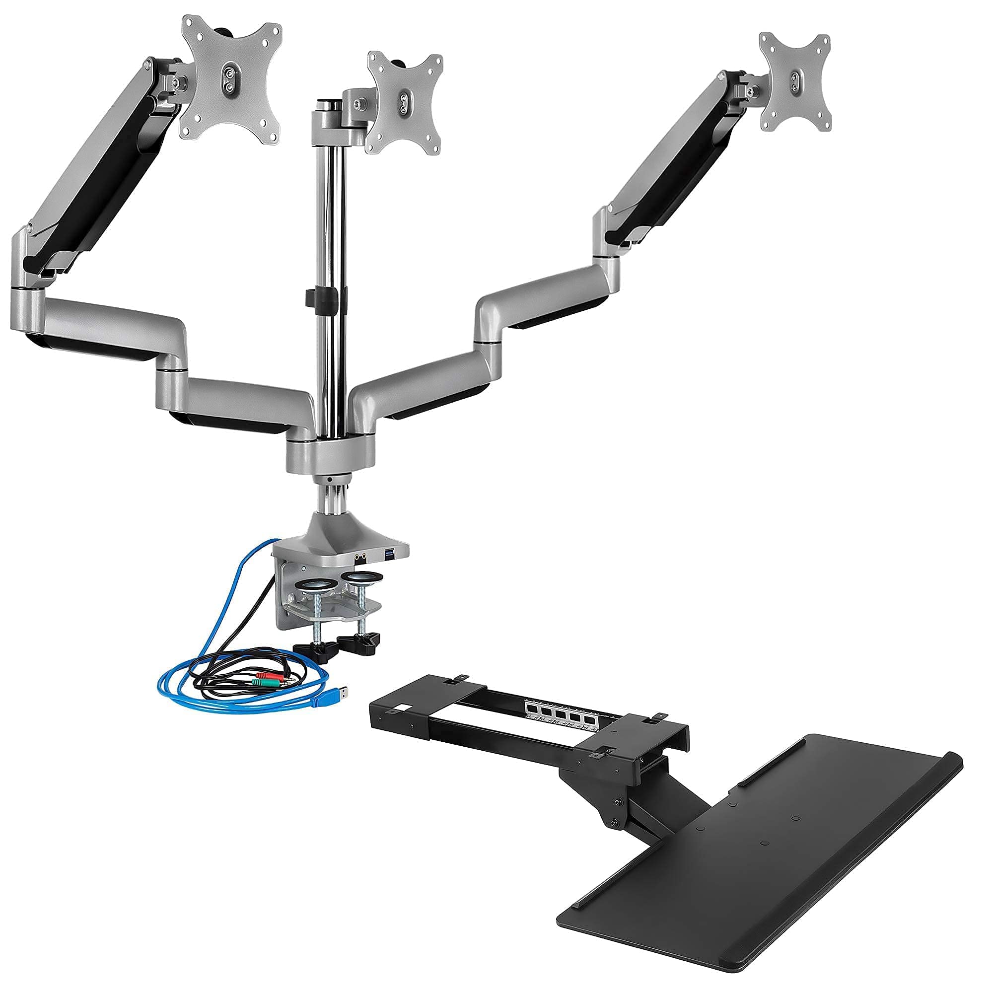 Mount-It! Triple Monitor Stand with Adjustable Height Arms for 24-32 Inch Screens, Under Desk Keyboard Tray with Gel Wrist Pad & USB/Audio Ports - Perfect for Home Office, Gaming Setup & Workstation Ergonomics (18.2
