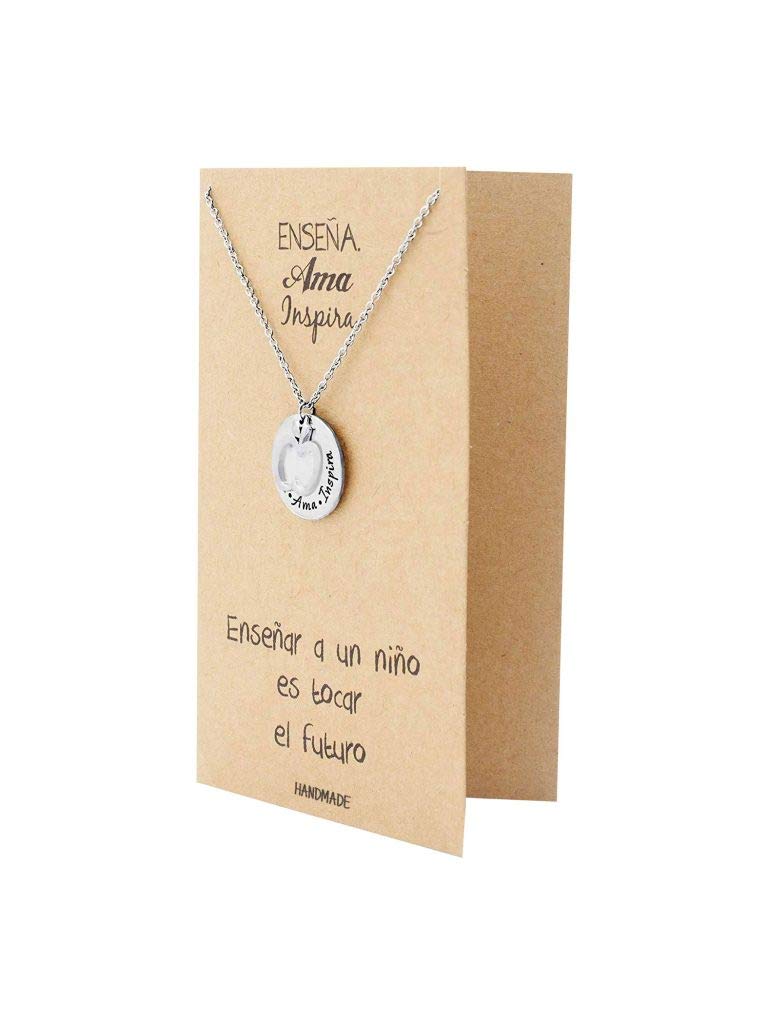 Quan Jewelry - Spanish Apple Pendant Necklace with 'Enseña Ama Inspira' Engraving, Latin Teacher Gift Set with Greeting Card - Perfect for Teacher Appreciation Week, Graduation Gifts & Hispanic Heritage Month Celebrations