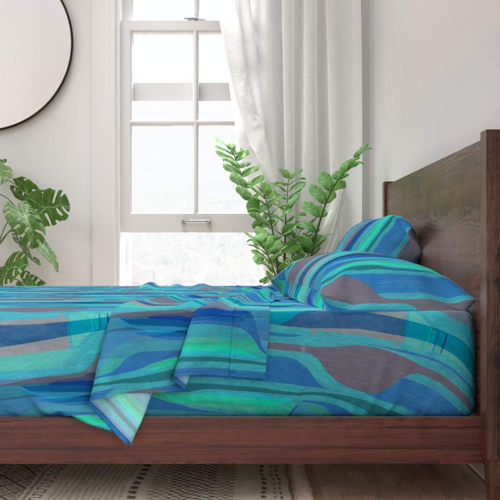 Mod Retro Blue Abstract Midcentury Cotton Sheets 4pc King Set - 100% Cotton Bedding with Aqua Color Block & Stripe Print | Perfect for Boho Chic Bedrooms & Mid-Century Modern Home Decor