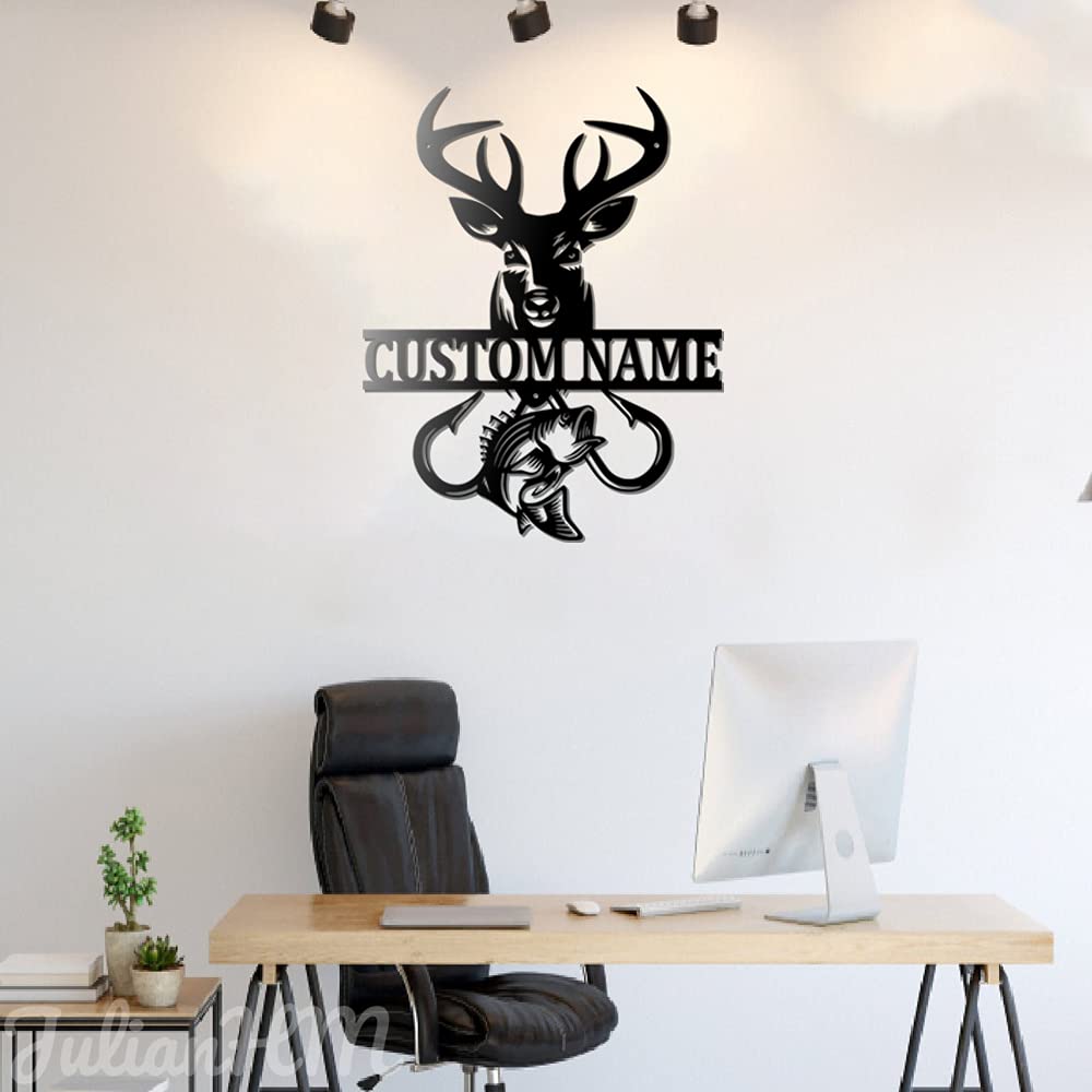 Personalized Deer Fish Hook Monogram Metal Wall Decor with LED Lights - Custom Deer Hunting Wall Art & Name Sign for Living Room, Bedroom, Cabin - 18x18 Inches Rustic Home Decor for Hunters & Outdoor Enthusiasts