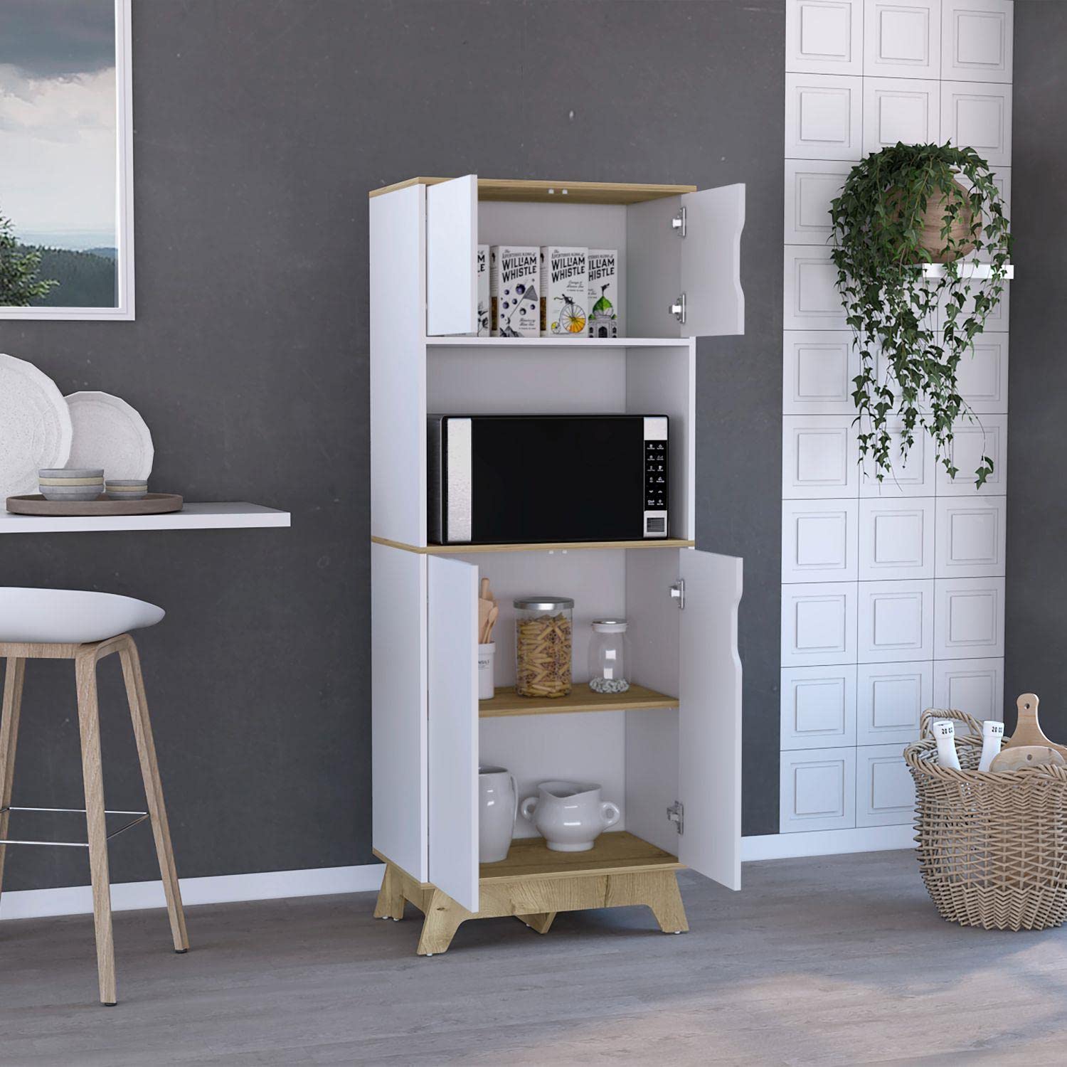 Dahoon Double Door Microwave Pantry Cabinet in Light Oak & White - Perfect for Kitchen Storage & Organization