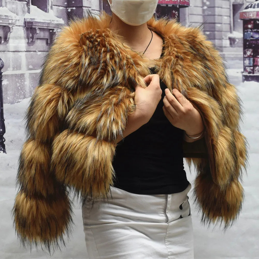 Women's Faux Fur Coat Winter Jacket - Warm Thick Fox & Raccoon Style Brown Fake Fur Coat for Plus Size | Cozy Outerwear for Cold Weather, Holiday Parties & Fashion Outings