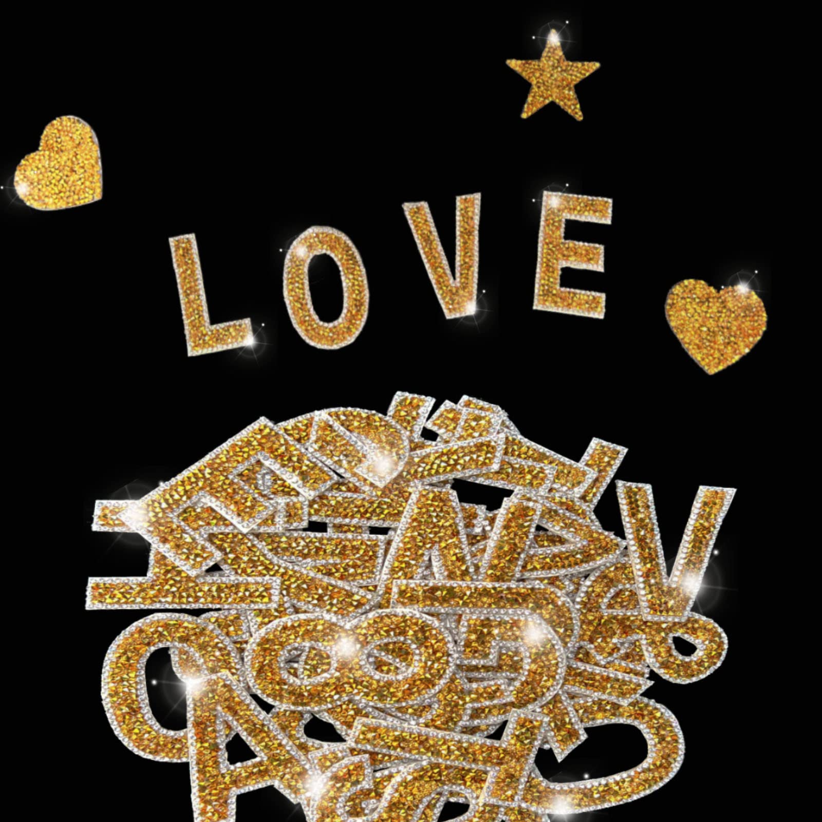 47Pcs Large Rhinestone Letter Stickers - 26 Self-Adhesive Alphabet Stickers, 10 Crystal Number Stickers & Heart Stickers for DIY Clothing, Jeans, Hats, Bags - Gold Glitter Decoration for Parties, Crafts & Fashion Accessories