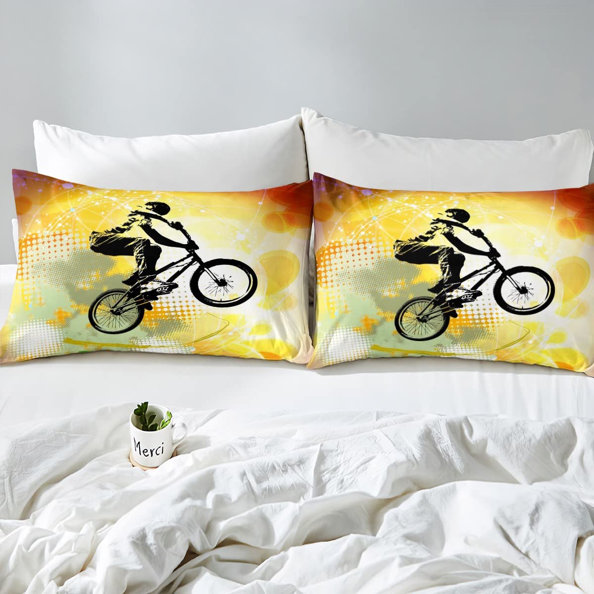 Dirt Bike Bedding Set Twin Size - Motocross & BMX Themed Fitted Sheet for Kids, Boys, Teens & Men - Gold & Green Tie Dye Design - 2 Piece Bedroom Decor - Perfect for Motocross Enthusiasts & Sports-Themed Rooms