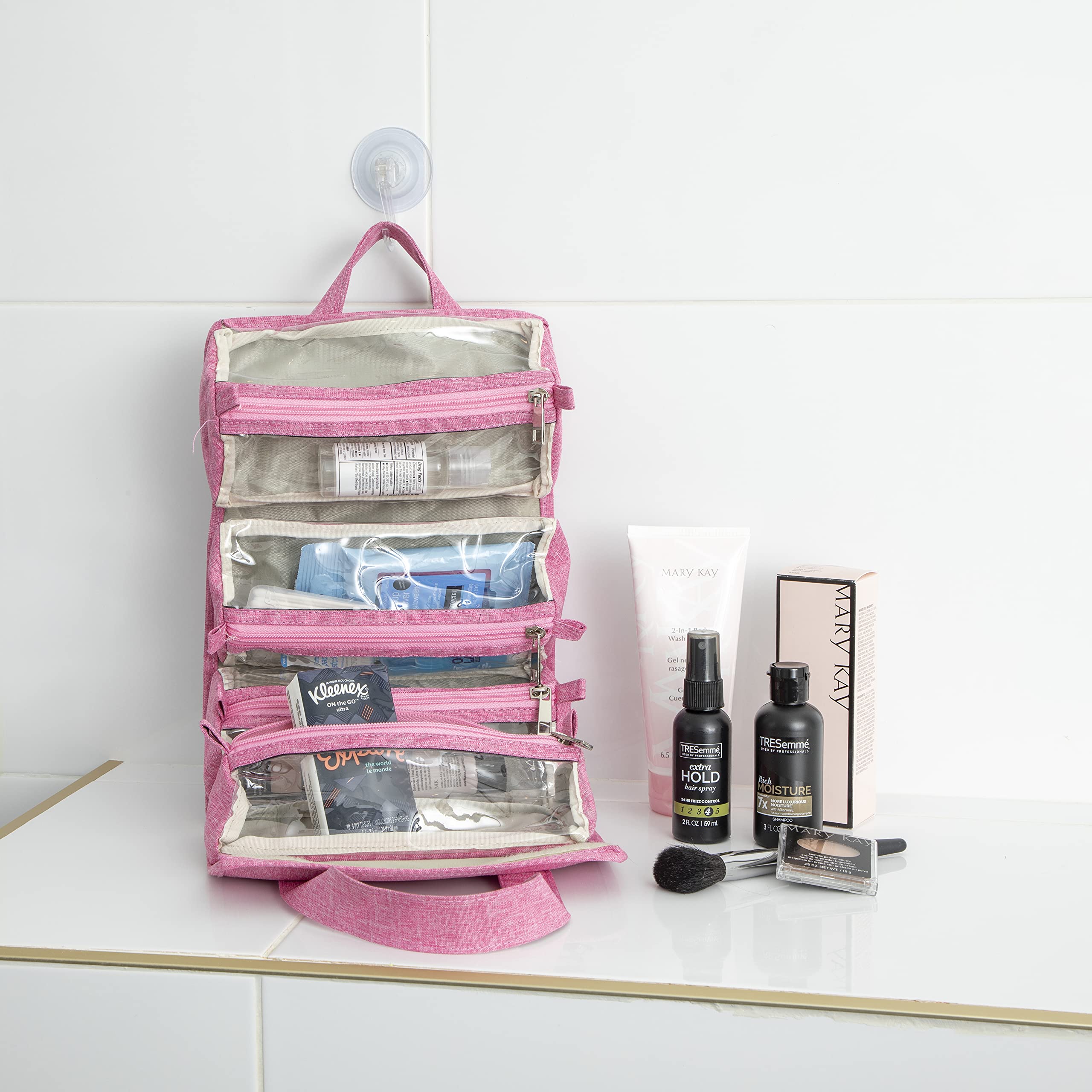 4-in-1 Hanging Toiletry Bag with Detachable PVC Pouches | Roll-Up Makeup Organizer for Travel | 600D Oxford Fabric Cosmetic Bag (Pink) - Perfect for Makeup, Skincare & Travel Essentials Organization