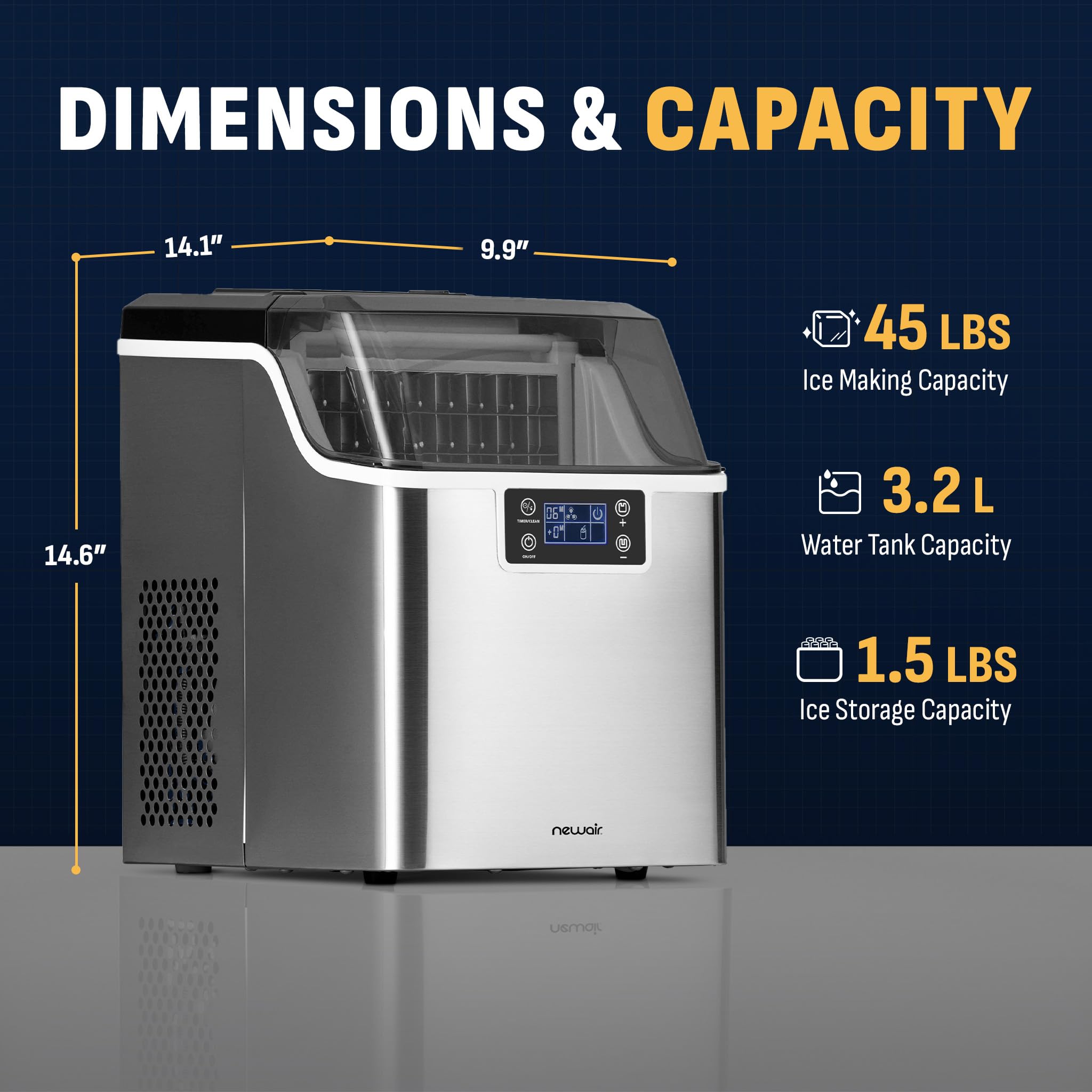 Newair 45lbs/Day Countertop Clear Ice Maker with Self-Cleaning & Adjustable Ice Thickness - Portable Ice Cube Machine with 24H Timer - Perfect for Home, Office, RV, Outdoor Bar & Parties - Stainless Steel Design
