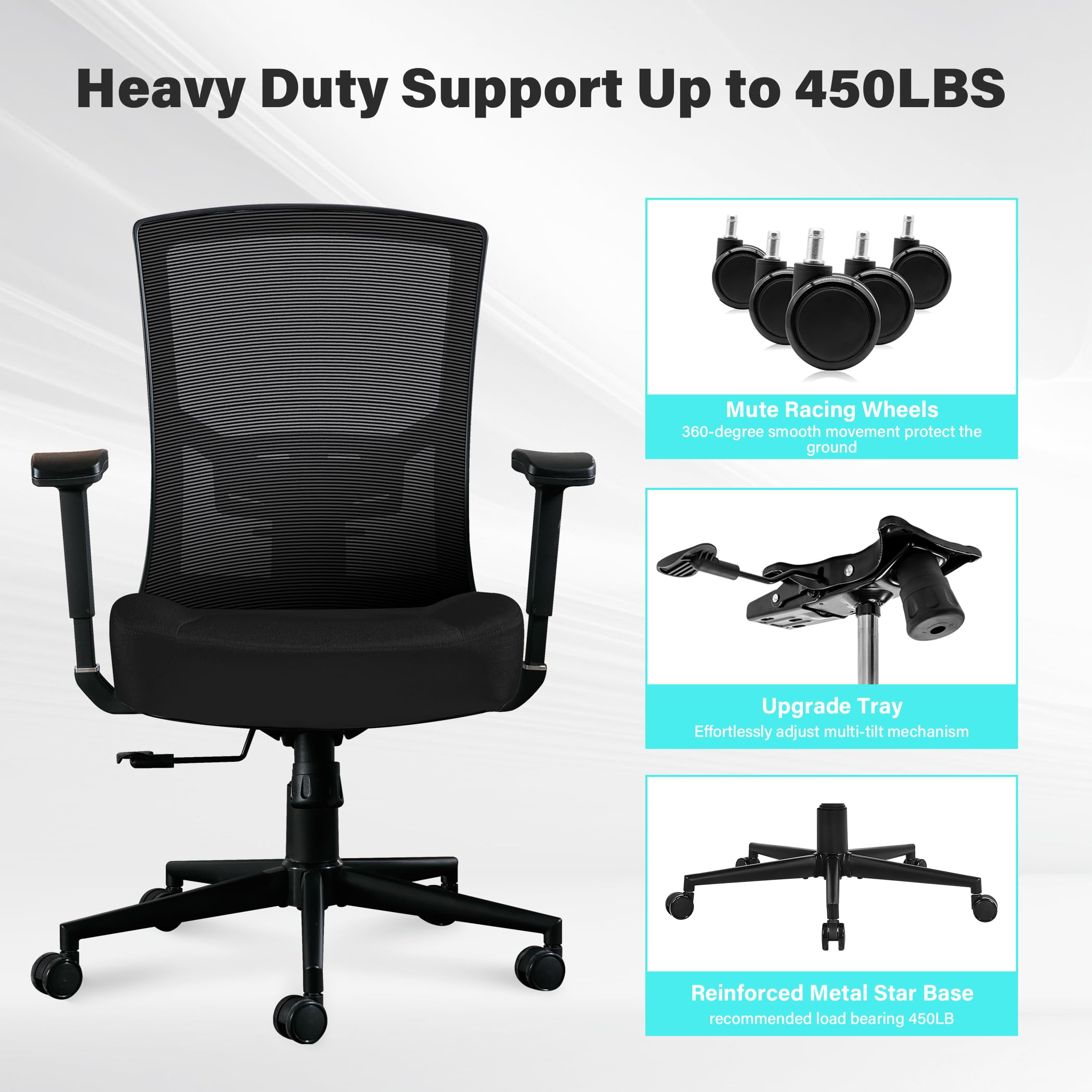 Blue Whale Big and Tall Office Chair 450lbs Capacity - Ergonomic High Back Mesh Computer Desk Chair for Heavy People with 2D Adjustable Lumbar Support & Heavy Duty Metal Base - Perfect for Home Office, Gaming, and Long Work Sessions
