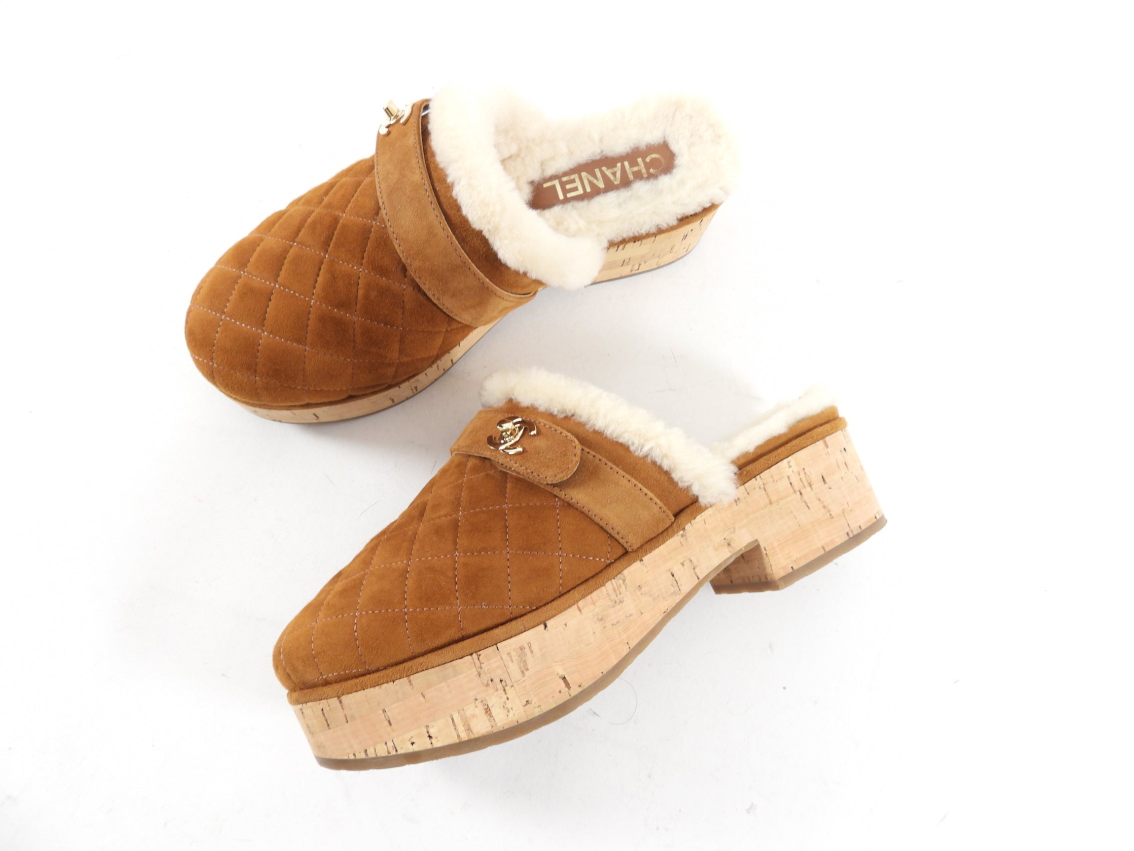 Chanel 21A Brown Shearling CC Turn Clasp Quilted Cork Mules Size 37 - Luxury Shearling Slippers for Women | Perfect for Winter Comfort & Home Relaxation