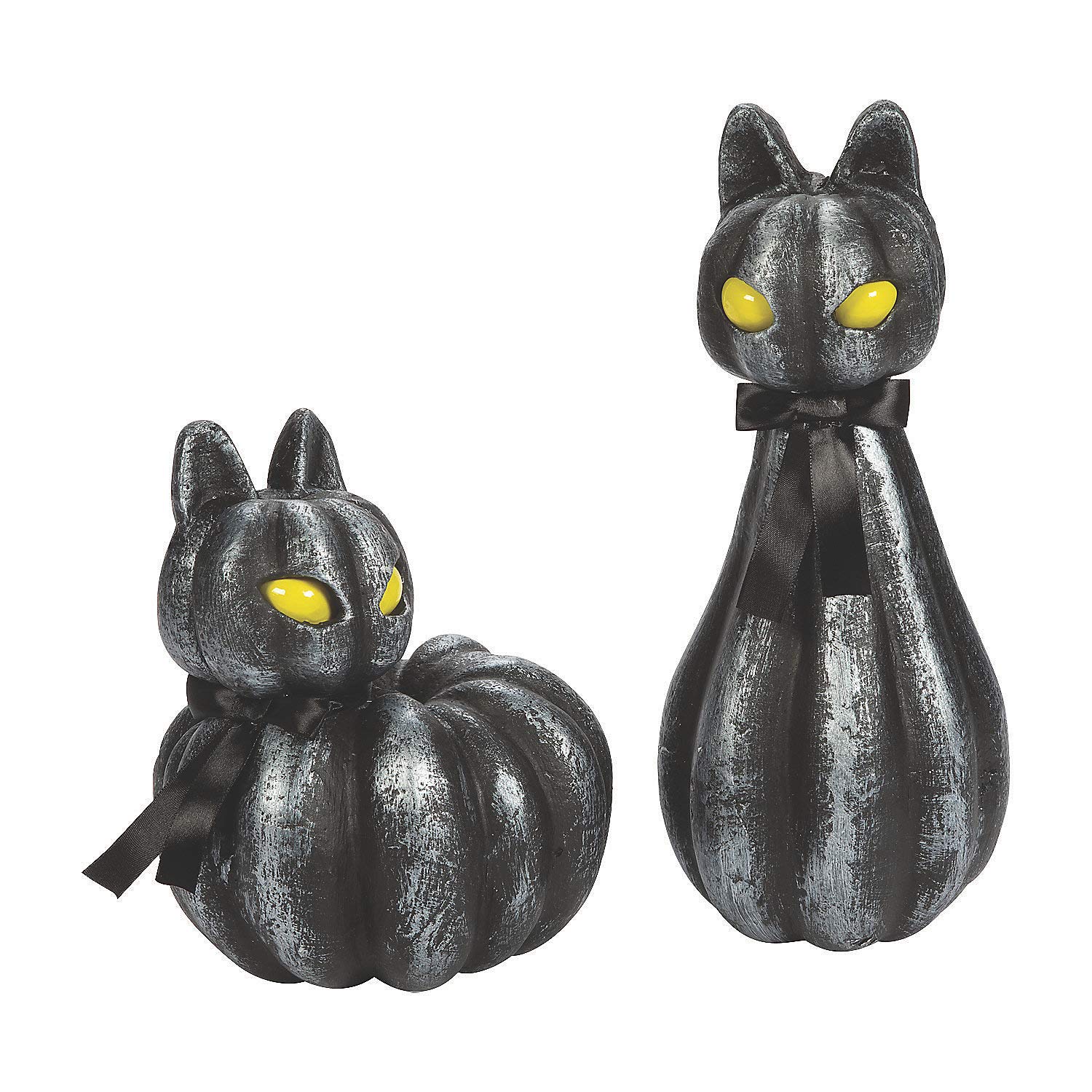 Pumpkin Black Cat LED Halloween Decorations - 2-Piece Set for Mantle, Fireplace & Tabletop - Spooky Home Decor for Halloween Parties & Fall Festivals