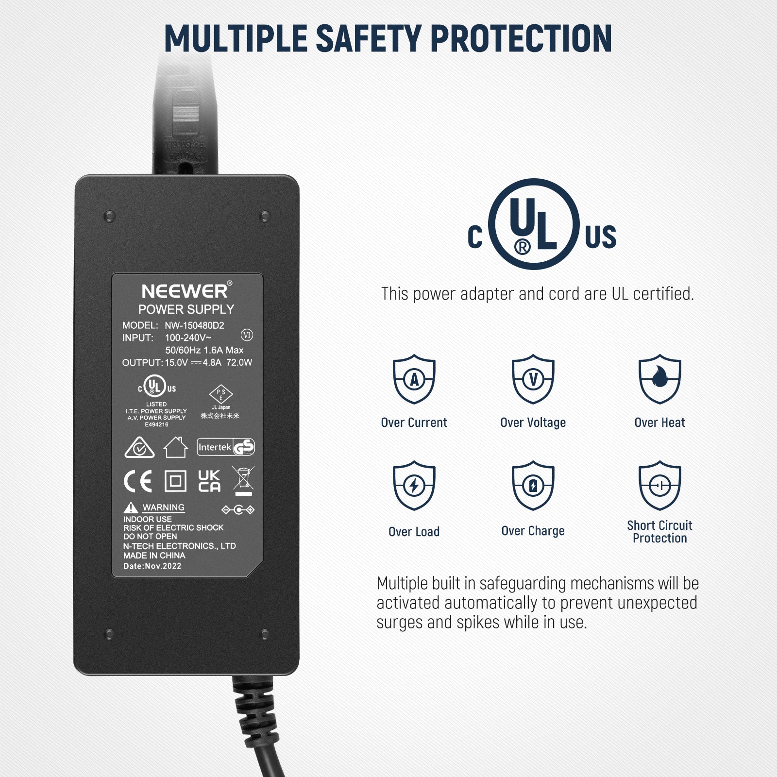 NEEWER 15V 4.8A 72W AC/DC Power Adapter - Universal Power Supply for LED Lights, CCTV Cameras, Audio Equipment & More - Perfect for Home, Office & Studio Use