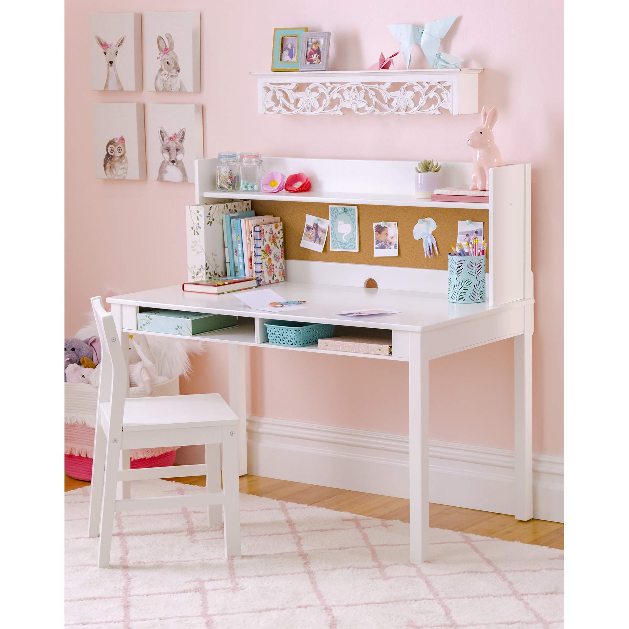 Guidecraft Martha Stewart Kids' Wooden Study Desk with Hutch, Chair & Storage - Cream White | Children's Bedroom Furniture Set with Corkboard for Ages 5-12 | Perfect for Homework, Art Projects & Study Space Organization