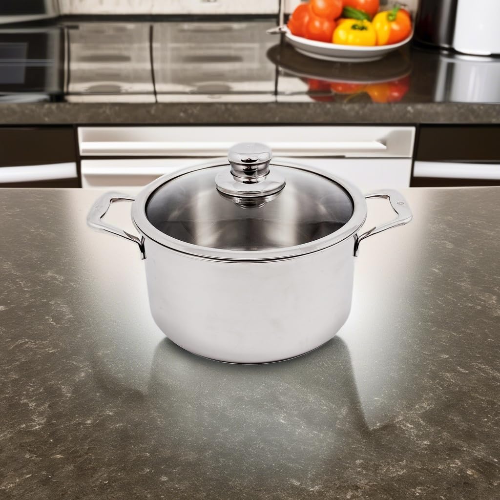 Premium Swiss Diamond 5-Ply Stainless Steel 6.7 Quart Dutch Oven with Lid - Induction Compatible Soup Pot (9.5 Inch), Satin Exterior Finish - Oven & Dishwasher Safe for Baking, Stewing & Slow Cooking