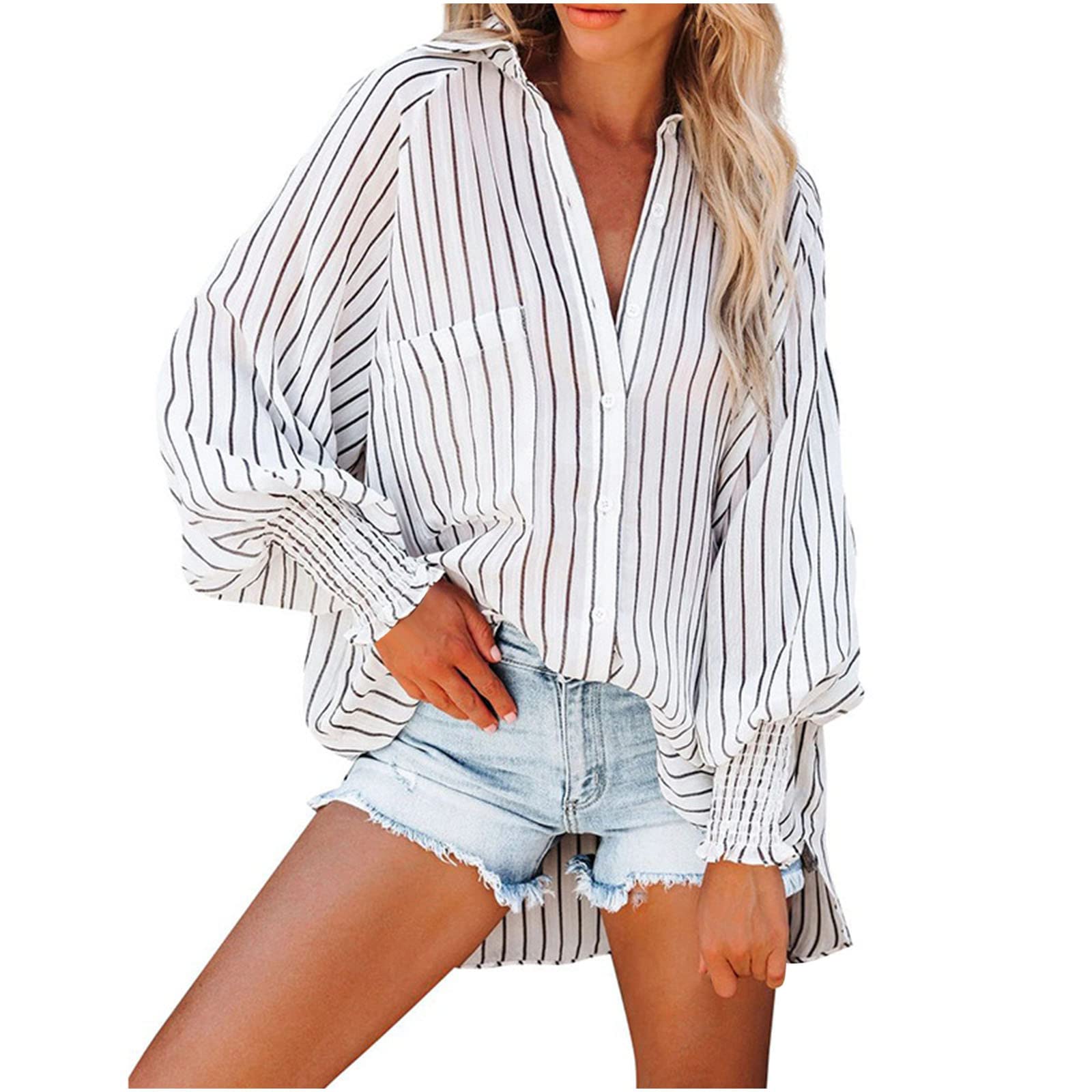 Trendy Striped Long Sleeve Blouse for Women - Elegant Single Breasted Loose Lapel Top for Office, Party & Casual Wear