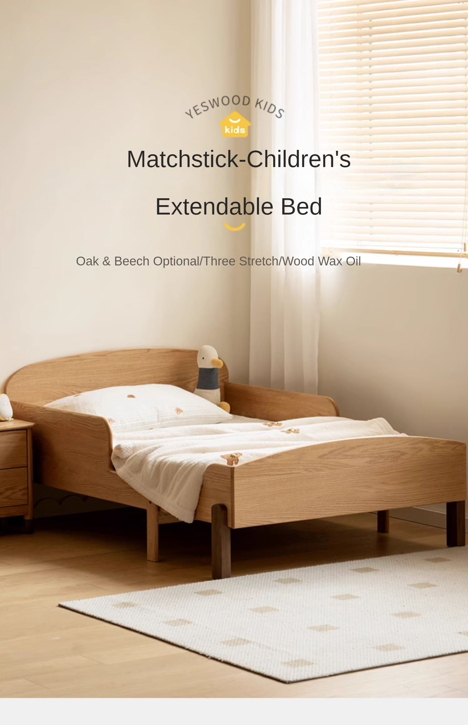 Expandable Solid Oak & Beech Wood Toddler Bed – Adjustable from 57in (145cm) to 80.7in (205cm) – Perfect for Growing Kids & Small Bedrooms