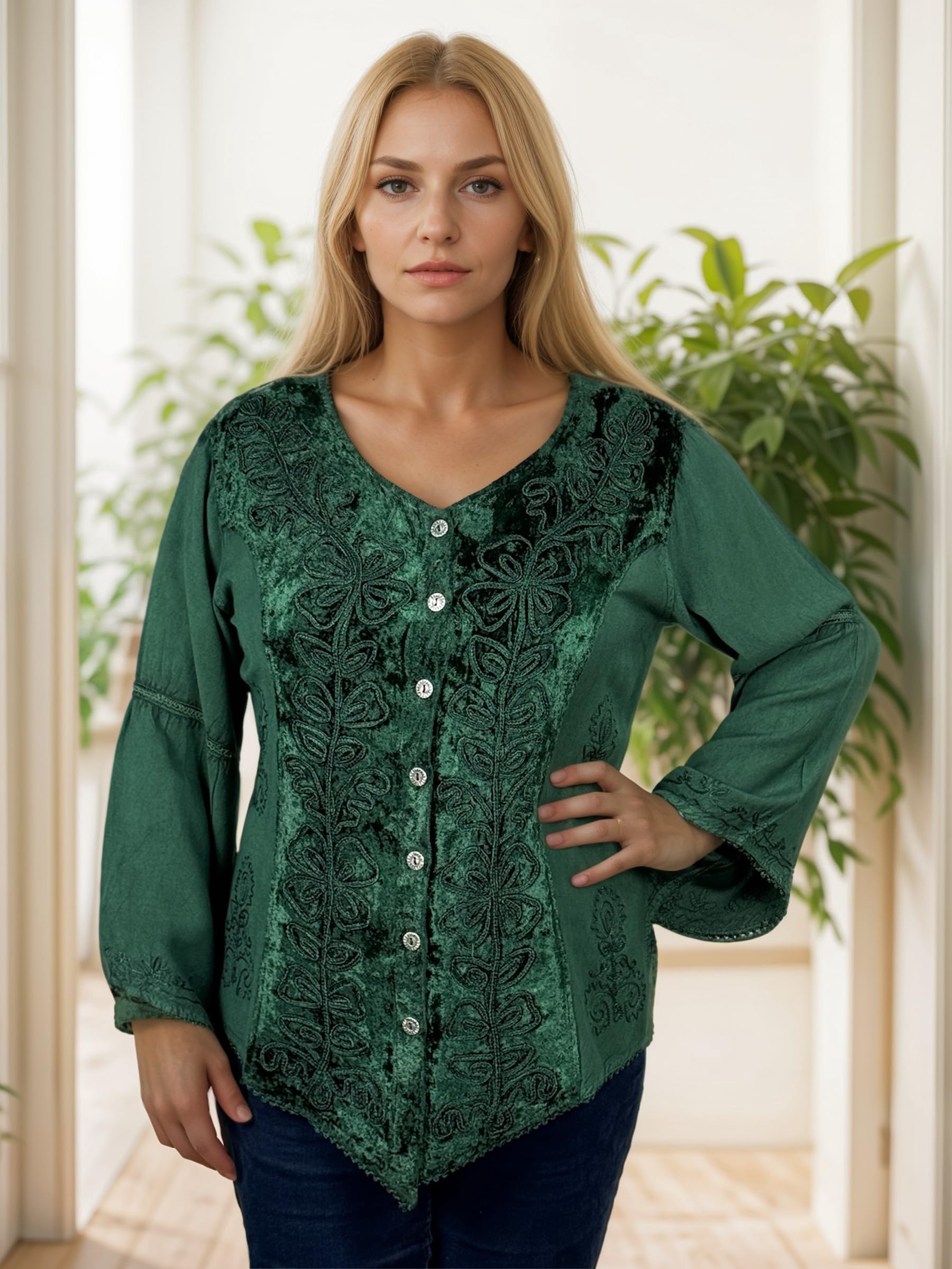 Agan Traders Women's Long Sleeve Velvet Blouse - Vintage Renaissance Button Down Embroidered Top for Fall Winter 2025 | Perfect for Renaissance Fairs, Holiday Parties & Vintage Fashion Lovers