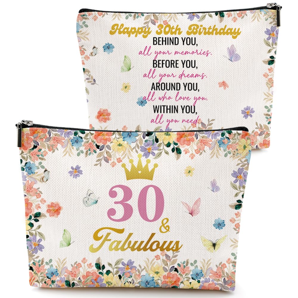 VICBOU 30th Birthday Gifts for Women - Inspirational Floral Makeup Bag for Her, Mom, Wife, Friends | Perfect for Mother's Day, Christmas & 30th Birthday Celebrations | Cosmetic Bag for Daily Use, Travel & Gift Giving