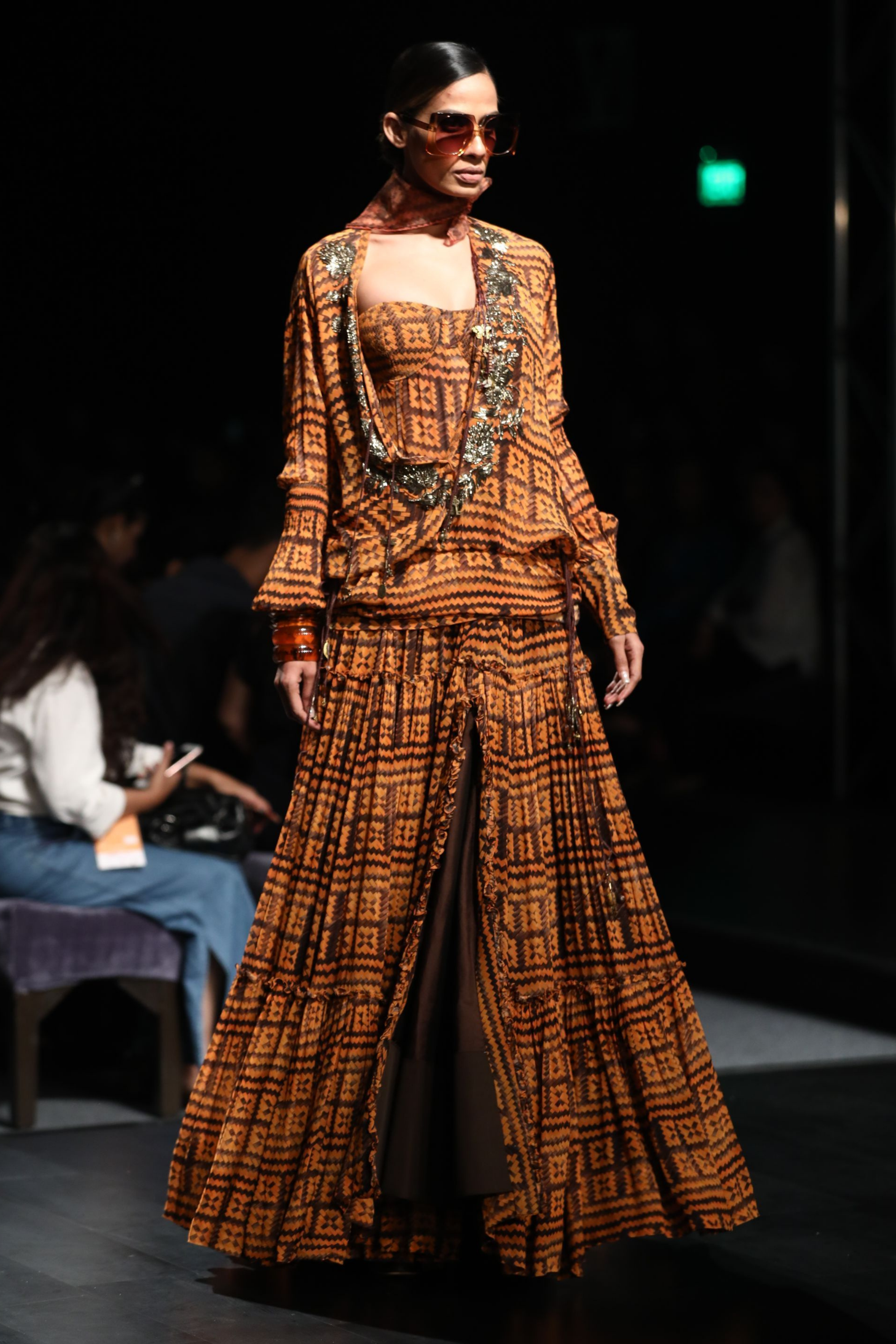 Orange Brown Basket Weave Print Short Tunic Dress With Gold Hand Embroidery - Boho Chic Summer Dress for Beach, Vacation and Casual Outings