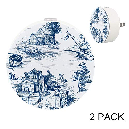 2 Pack LED Night Light Plug in Wall - Old Town Village Fishing Scenes in White & Blue with Dusk-to-Dawn Sensor | Perfect for Bedroom, Nursery, Hallway & Bathroom Night Lighting