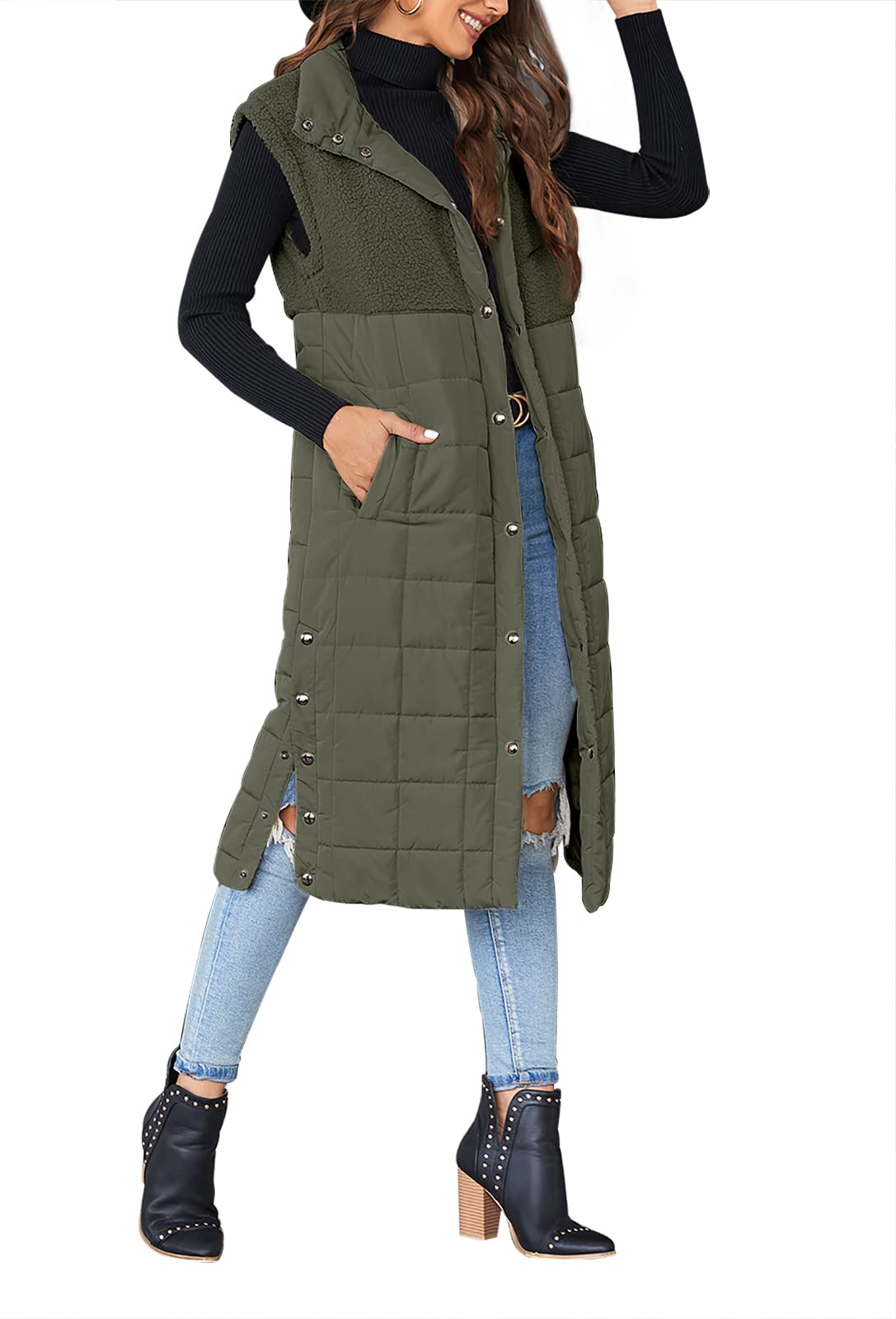 UMEKO Women's Long Puffer Vest Fleece Jacket - Winter Warm Sleeveless Coat with Button Down Design | Perfect for Outdoor Activities, Casual Wear & Cold Weather Fashion