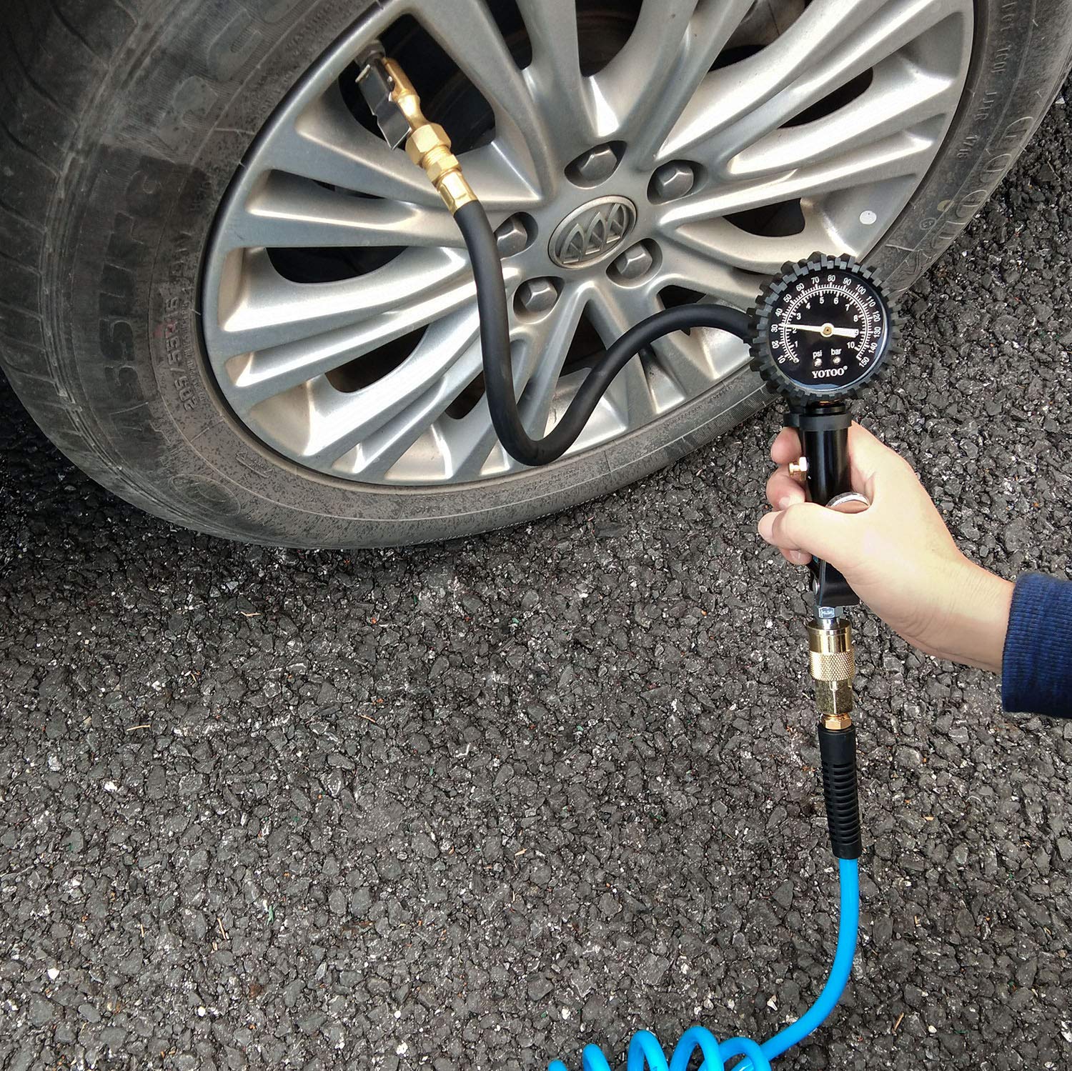 YOTOO Recoil Air Hose Kit with Tire Inflator Gauge - 1/4