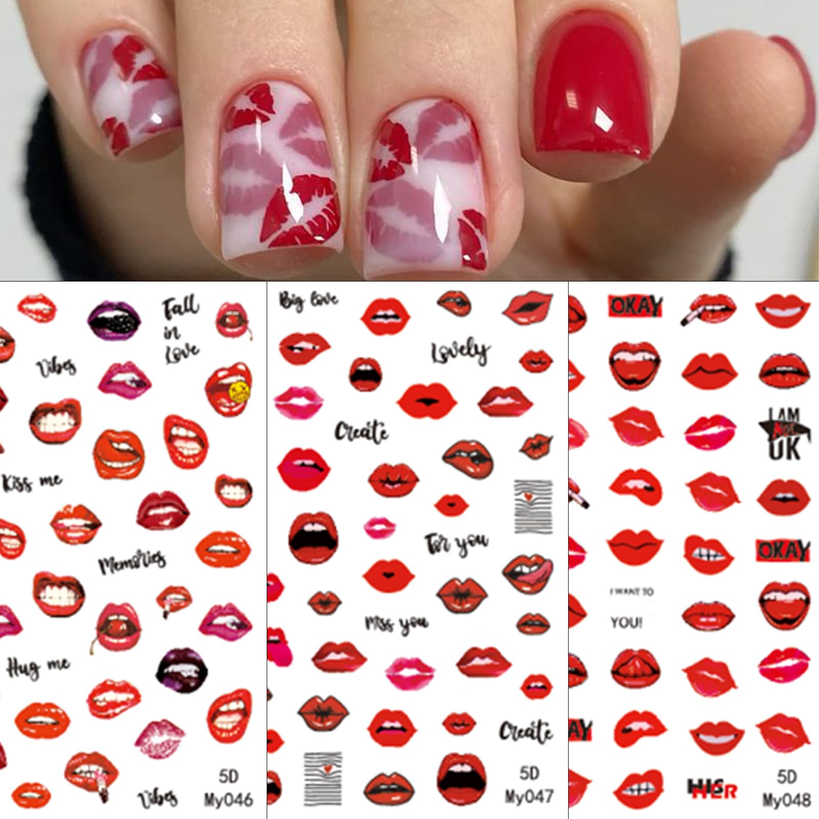 3D Embossed Valentine's Day Nail Art Stickers - 5D Self-Adhesive Lip Design Nail Decals for Women | Colorful Red Lips Nail Supplies & Accessories | Perfect for Valentine's Dates, Bridal Showers & Girls Night Out