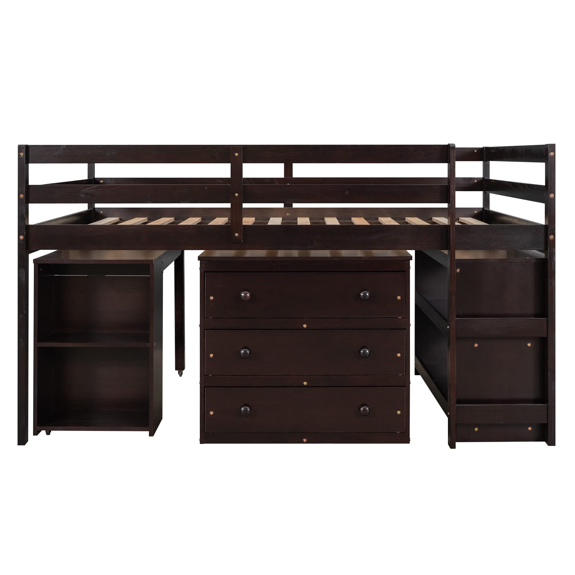Full Loft Bed with Desk & Storage Drawers - Low Study Kids Loft Bed with Safety Guard Rails & Bookcase Shelf - Espresso Finish - Perfect for Small Bedrooms, Dorms & Kids' Rooms