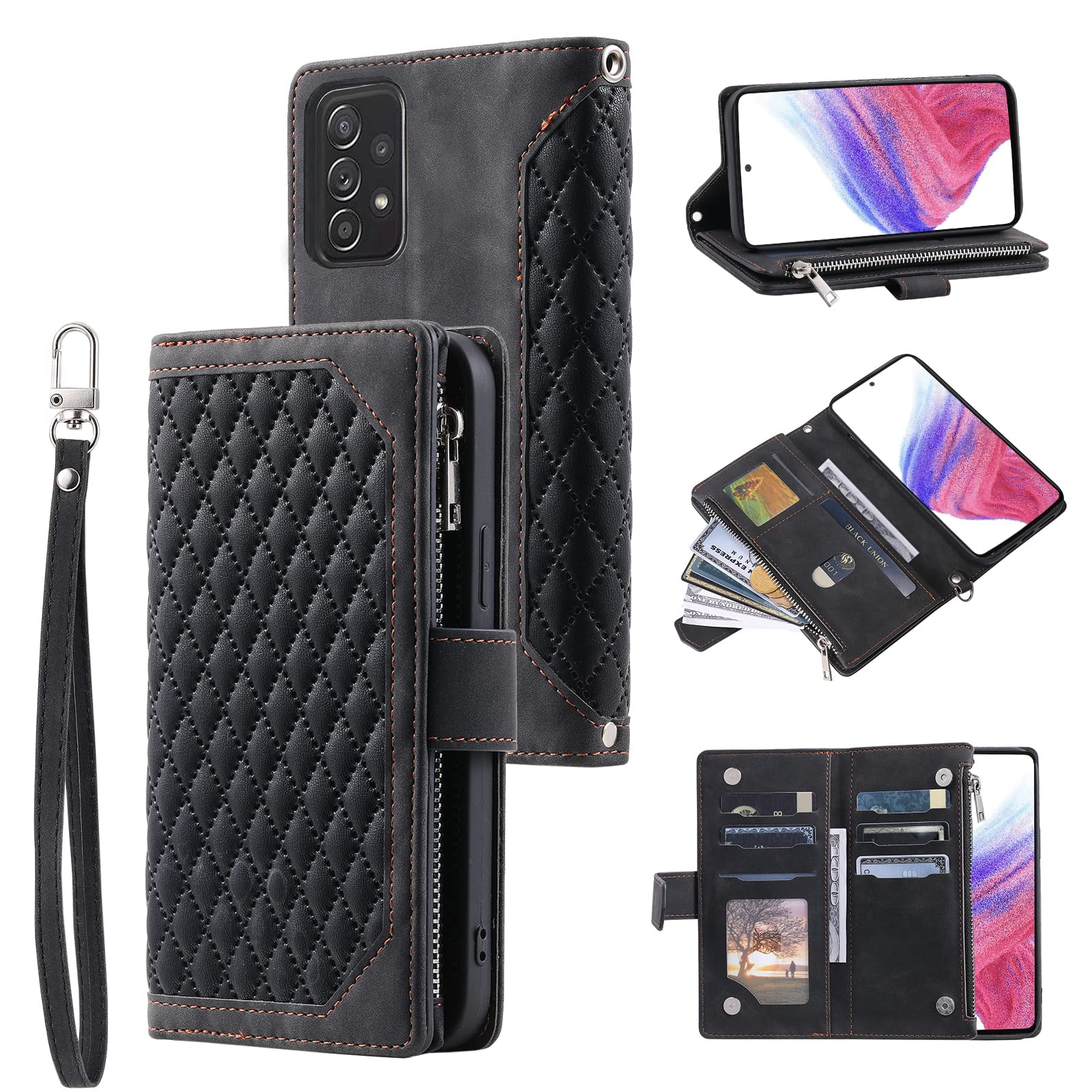 Luxury Quilted PU Leather Wallet Case for Samsung Galaxy A53 5G - RFID Blocking Card Slots, Magnetic Zipper Closure, Wrist Strap & Kickstand - Shockproof Flip Cover for Women (Black) - Perfect for Travel, Shopping & Daily Use