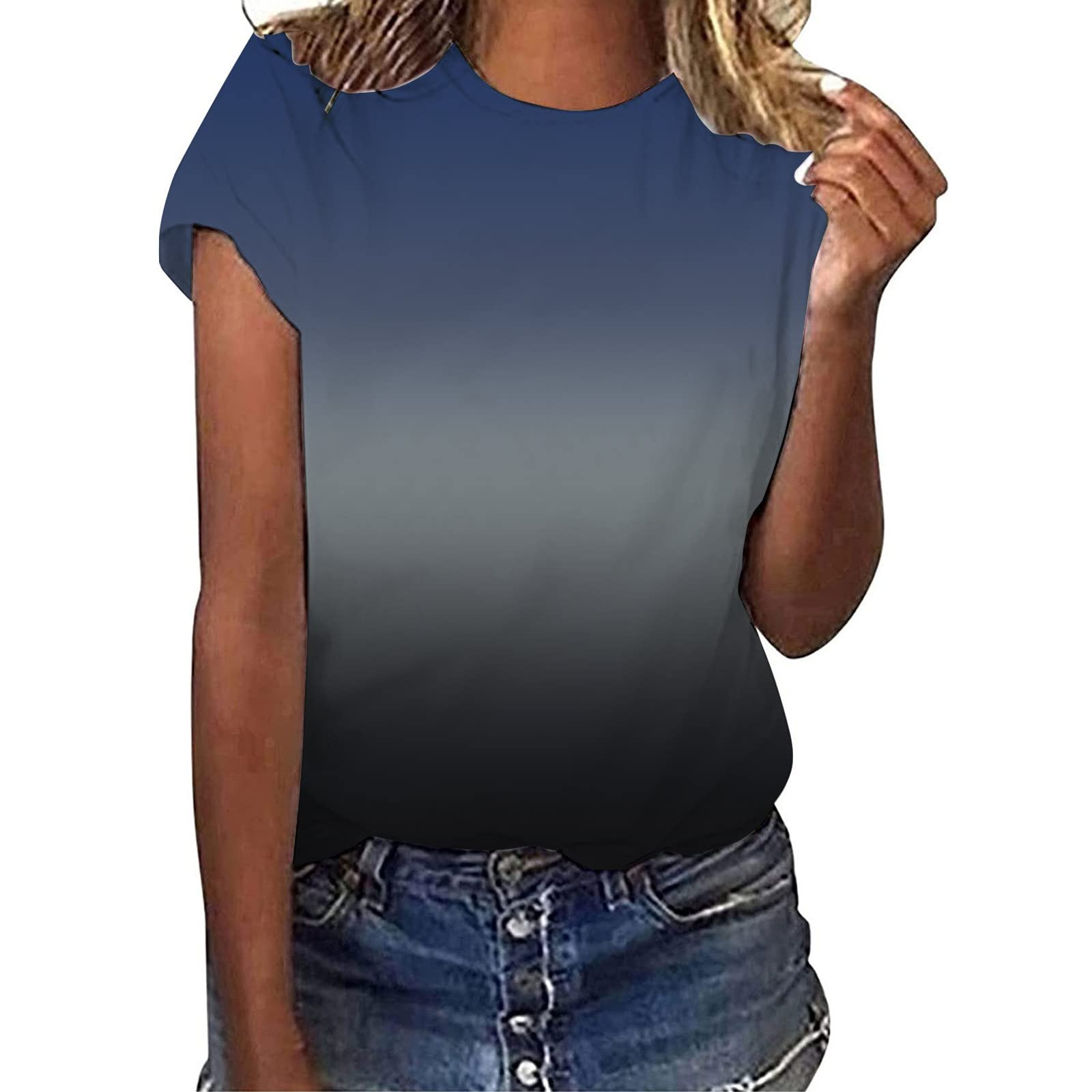 Women's Gradient Print O-Neck Tank Top - Short Sleeve Workout Shirt in Black & White Stripe for Yoga, Running & Summer Casual Wear
